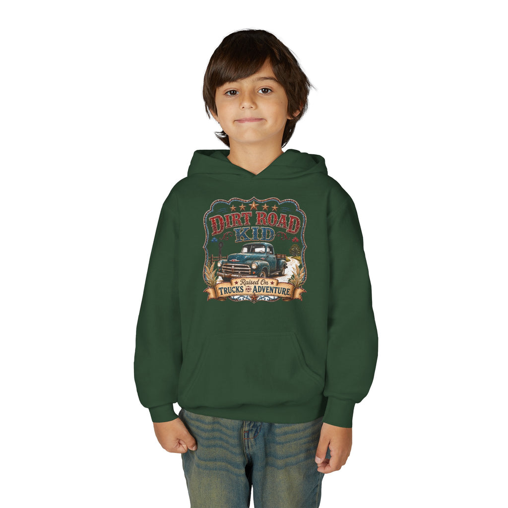 Youth Hoodie — “Dirt Road Kid” Vintage Truck Adventure Sweatshirt