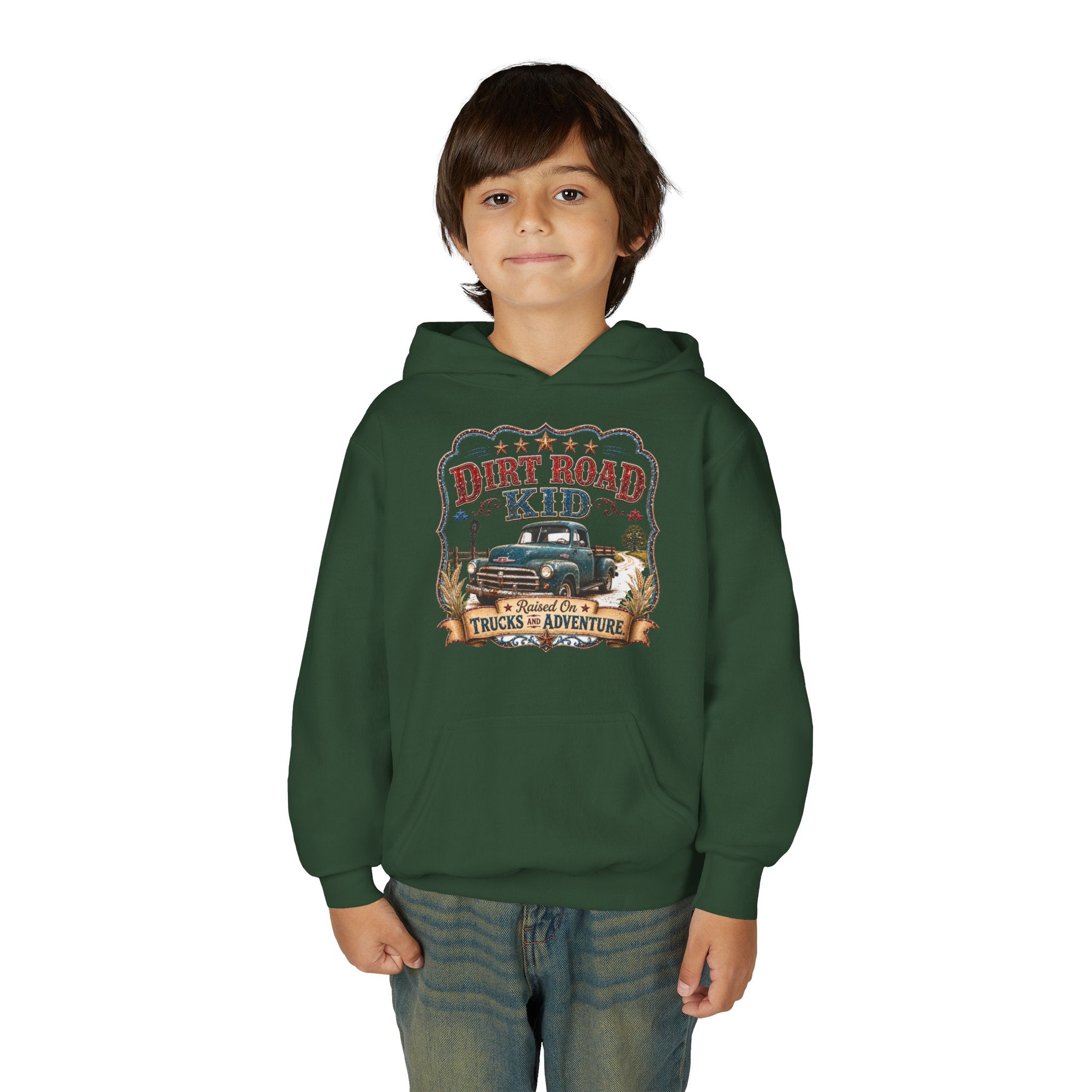Youth Hoodie — “Dirt Road Kid” Vintage Truck Adventure Sweatshirt