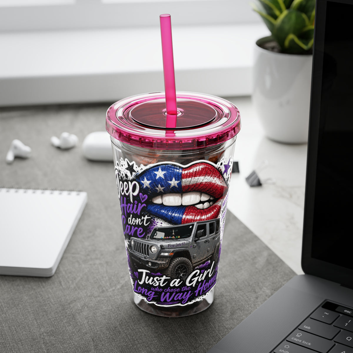 Jeep Girl 16oz Tumbler with Straw — American Flag Lips ‘Jeep Hair Don’t Care’ Design