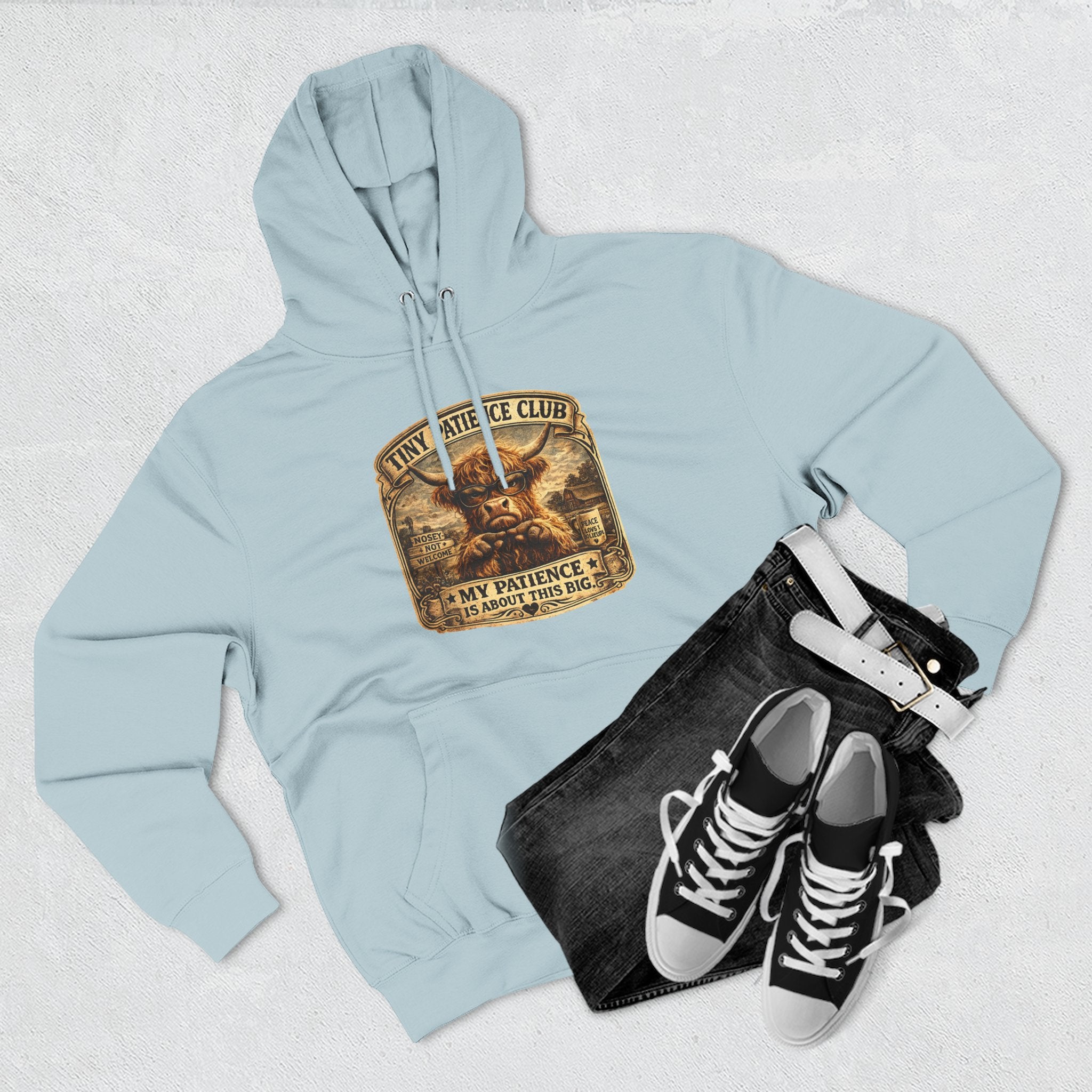 Tiny Patience Club Highland Cow Three-Panel Fleece Hoodie