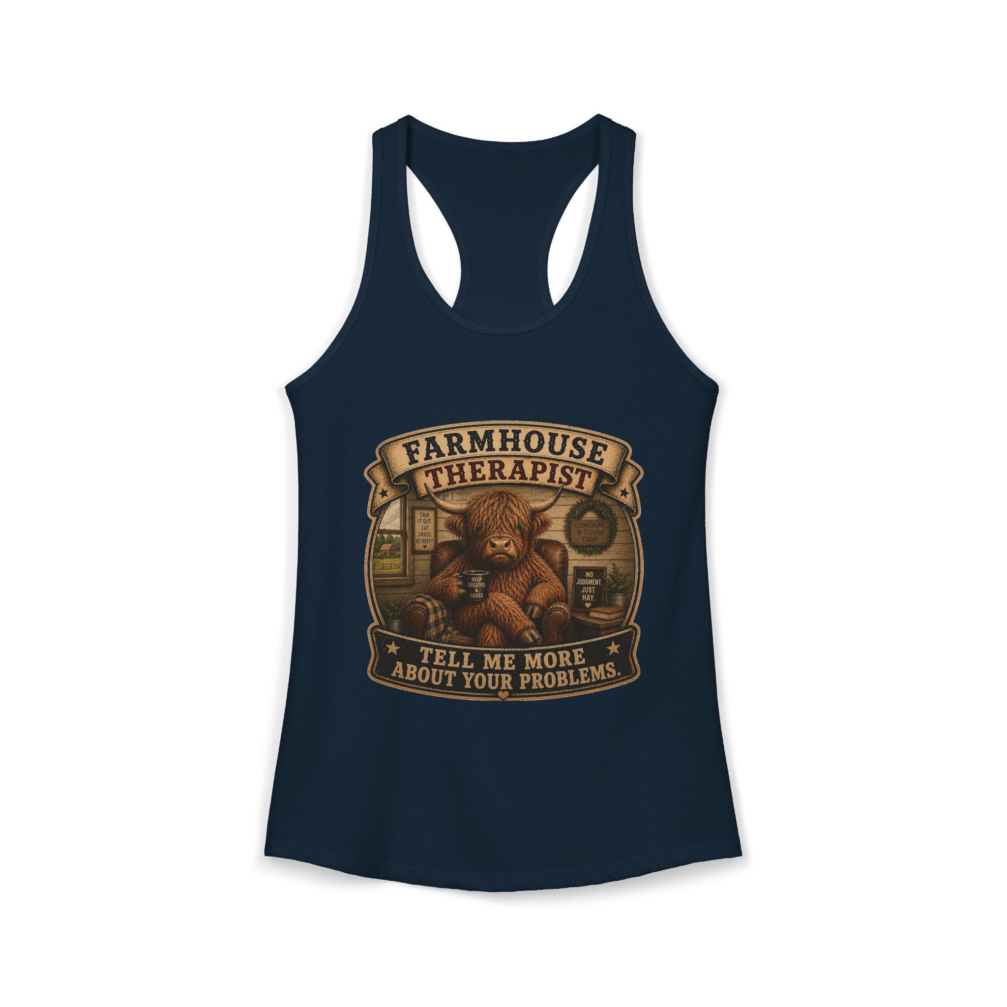 Farmhouse Therapist Highland Cow Women's Ideal Racerback Tank