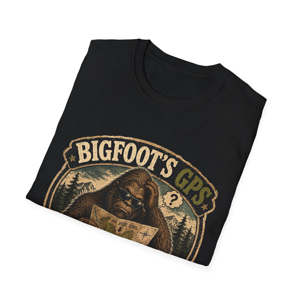 Bigfoot’s GPS T-Shirt — "Recalculating... Again" Retro Sasquatch Graphic Tee