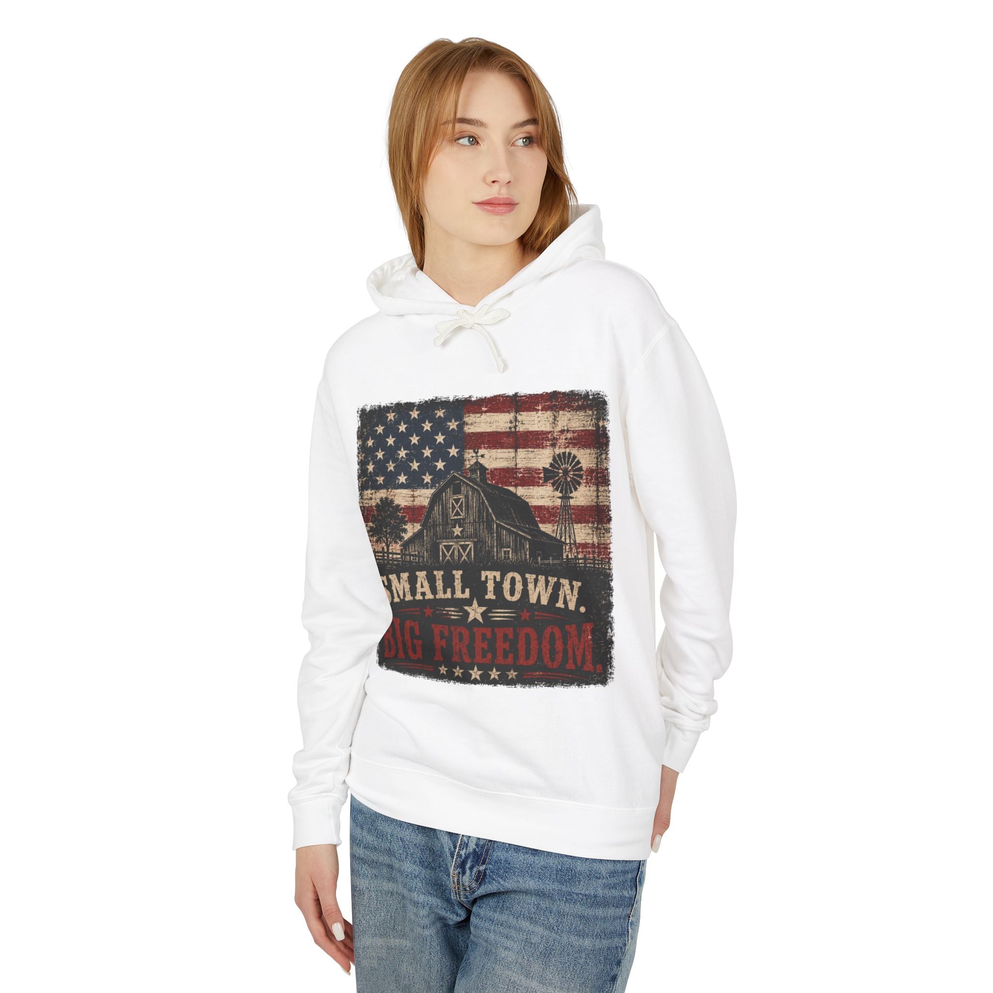 Small Town Big Freedom Hoodie — American Flag Vintage Patriot Sweatshirt