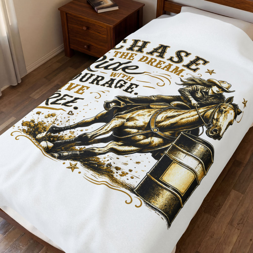 "Chase the Dream. Ride with Courage. Live Free." — (Gold) Barrel Racing Velveteen Plush Blanket