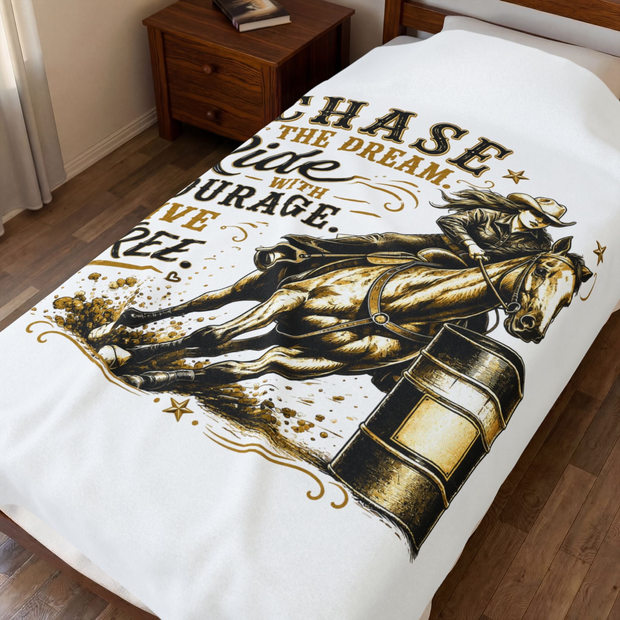 "Chase the Dream. Ride with Courage. Live Free." — (Gold) Barrel Racing Velveteen Plush Blanket