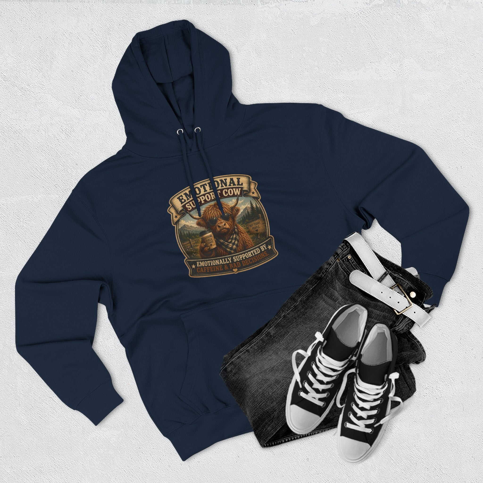 Emotional Support Cow Highland Cow - Three-Panel Fleece Hoodie