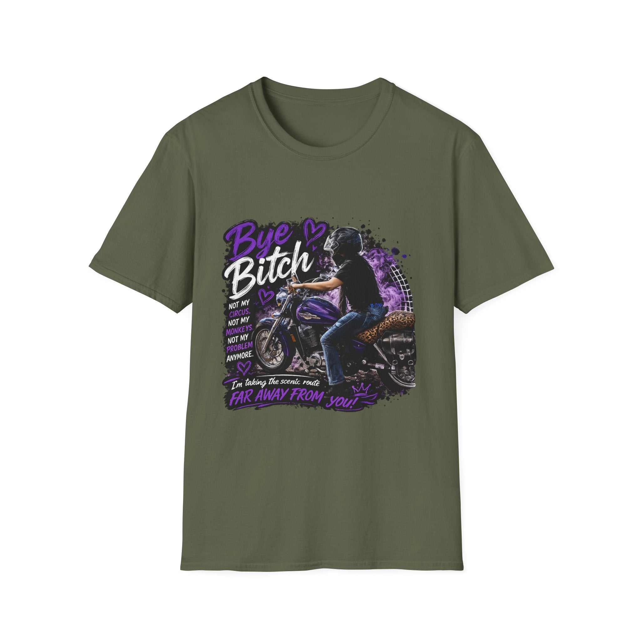 "Bue Bitch" Purple Motorcycle Design – Biker Babe Graphic T‑Shirt