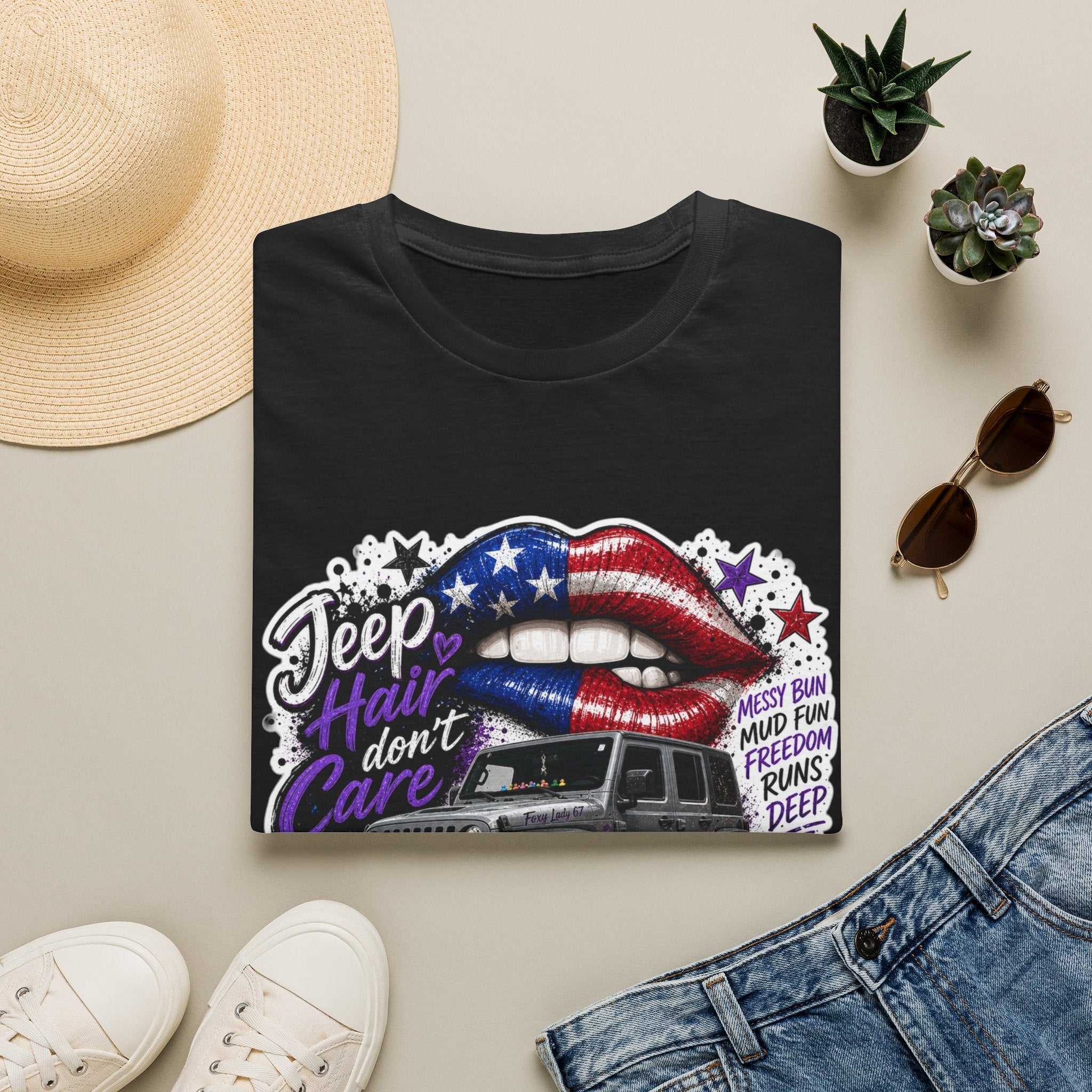 Jeep Hair Don't Care T-Shirt — American Flag Lips Off-Road Truck Tee