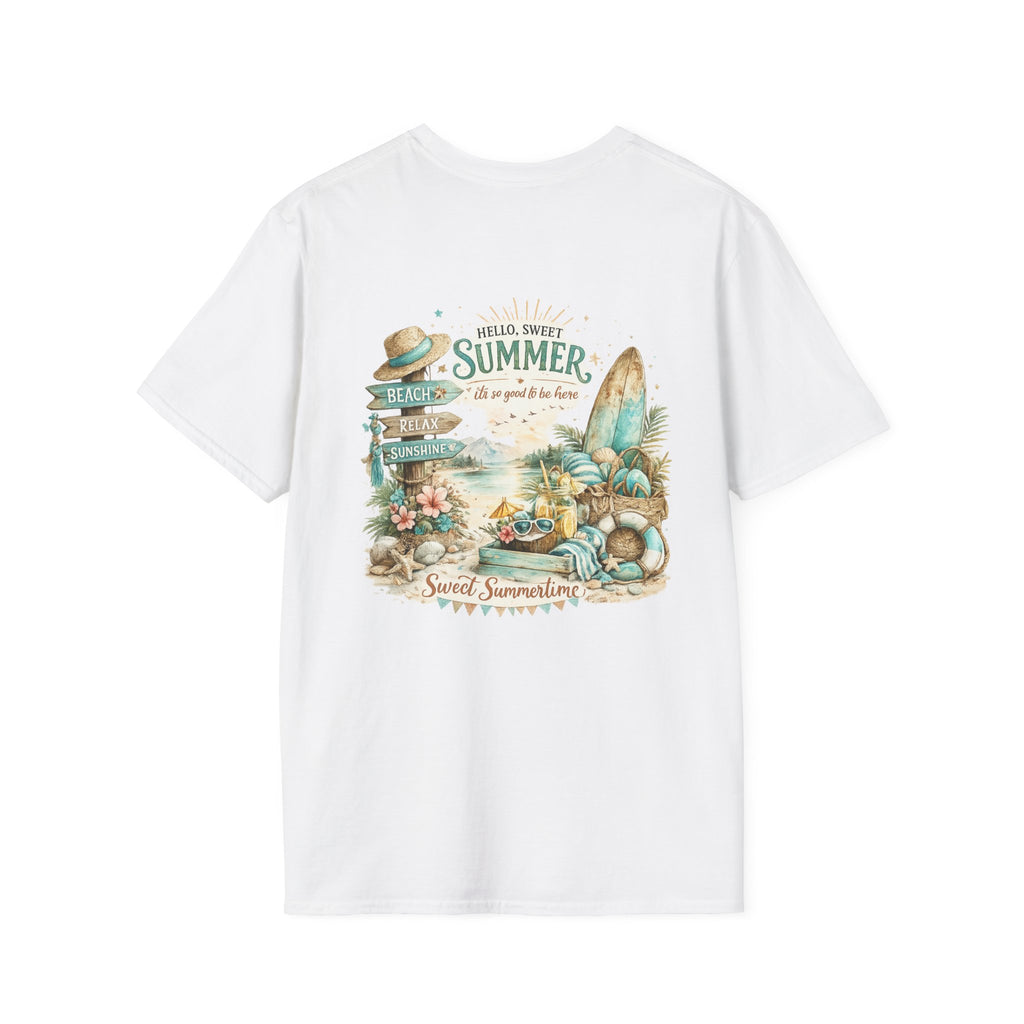 "Hello, Sweet Summer" Surf & Sunshine Graphic — Summer Beach T‑Shirt