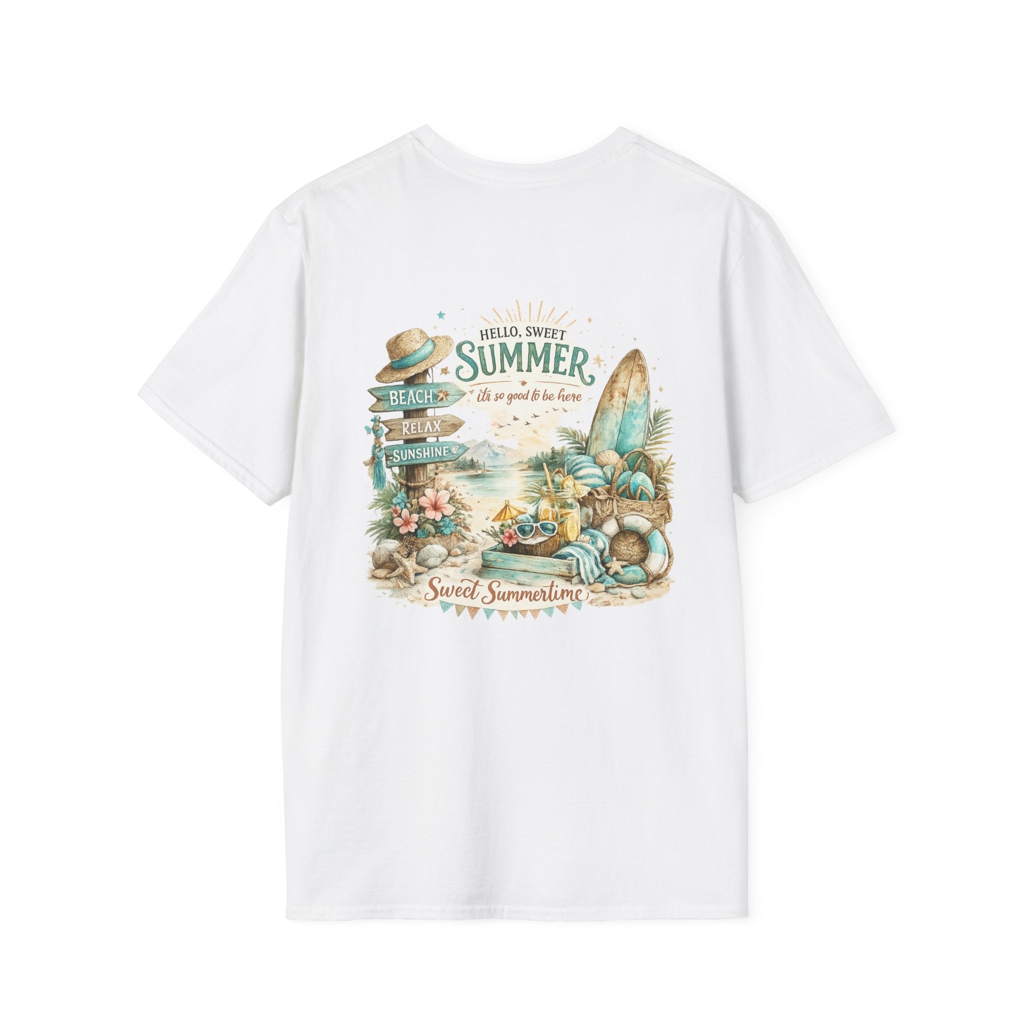 "Hello, Sweet Summer" Surf & Sunshine Graphic — Summer Beach T‑Shirt