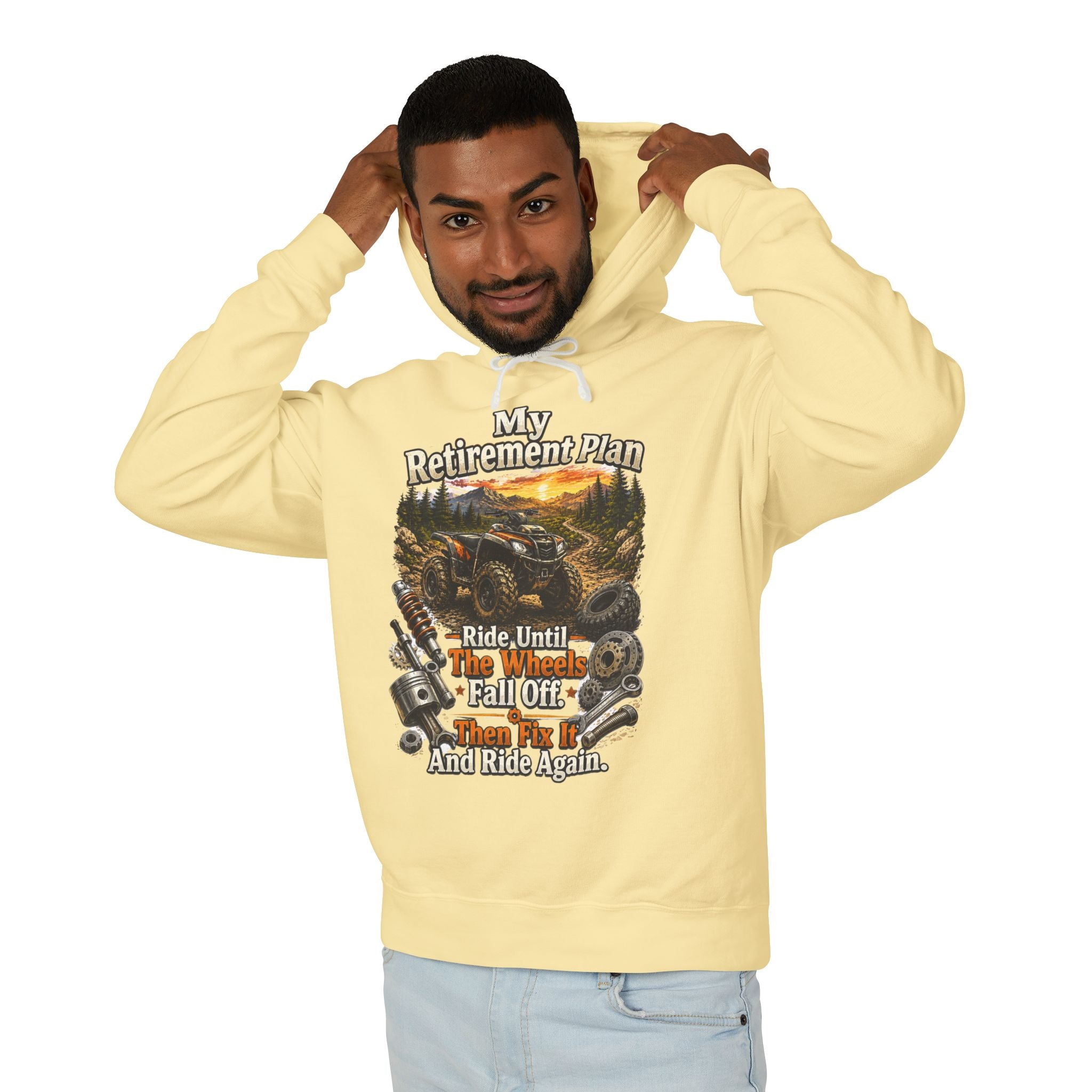 Motorcycle Retirement Hoodie — "My Retirement Plan: Ride Until They Wheel Me Off, Fall Off, And Ride Again"