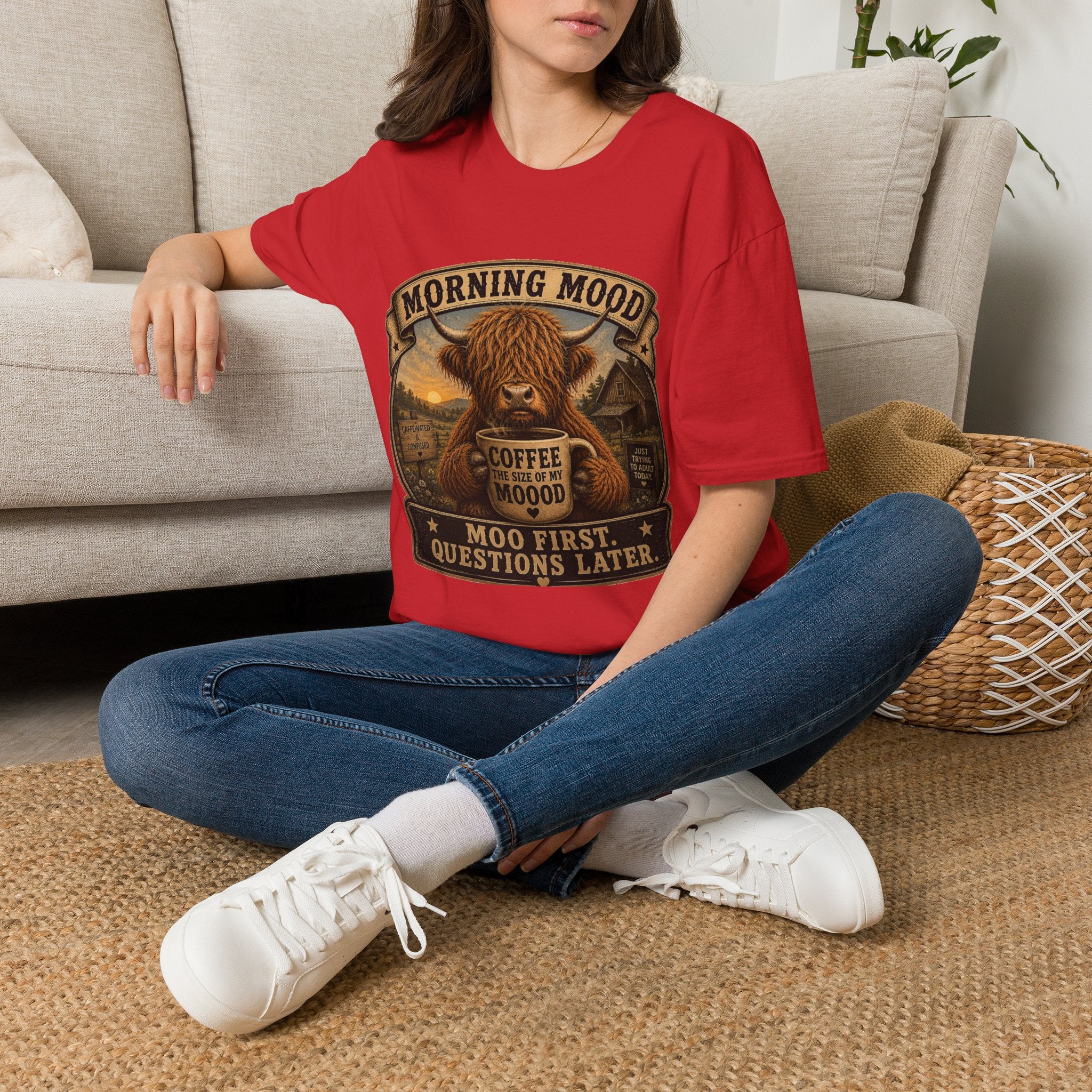 Morning Mood Moo First Questions Later Highland Cow Unisex Softstyle T-Shirt