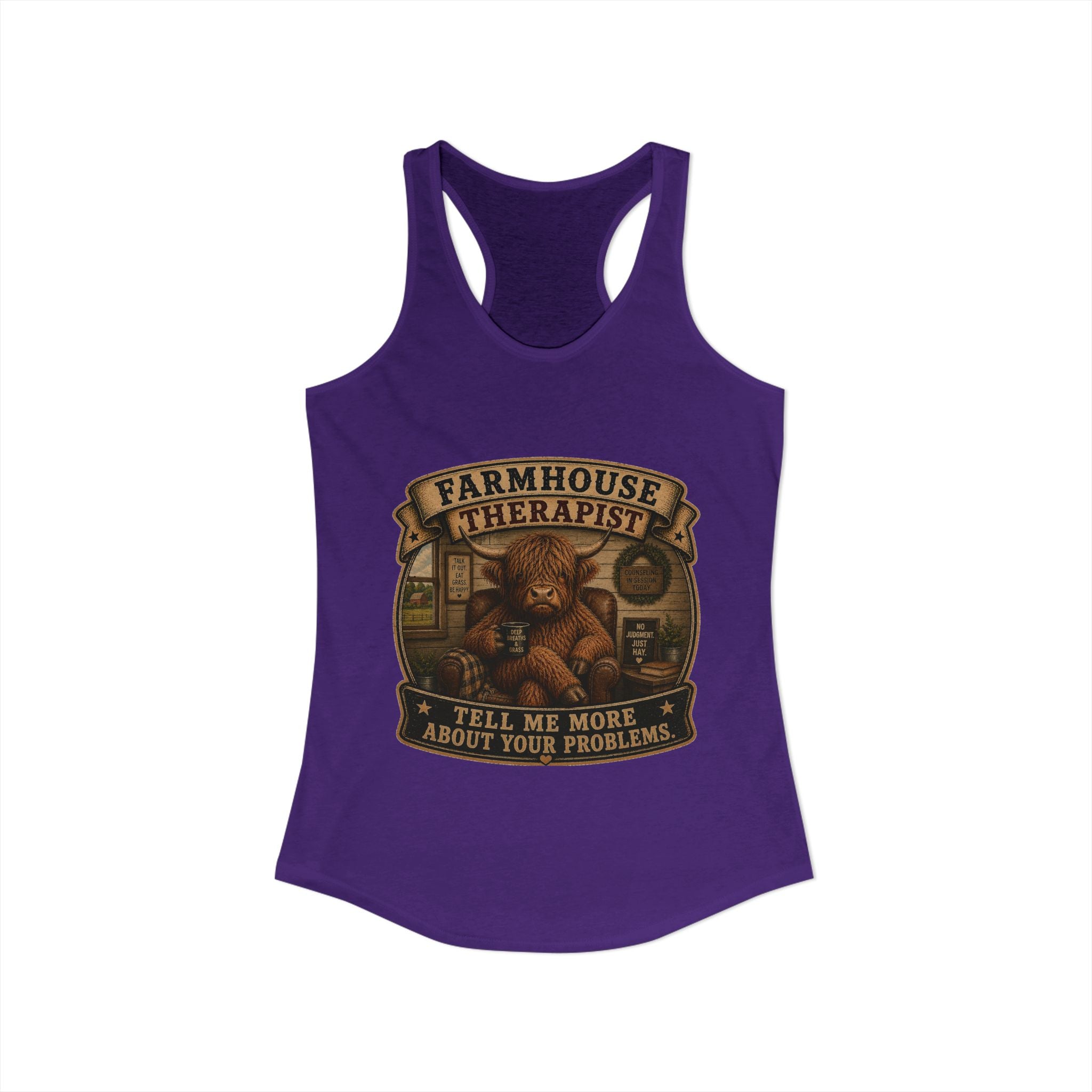 Farmhouse Therapist Highland Cow Women's Ideal Racerback Tank