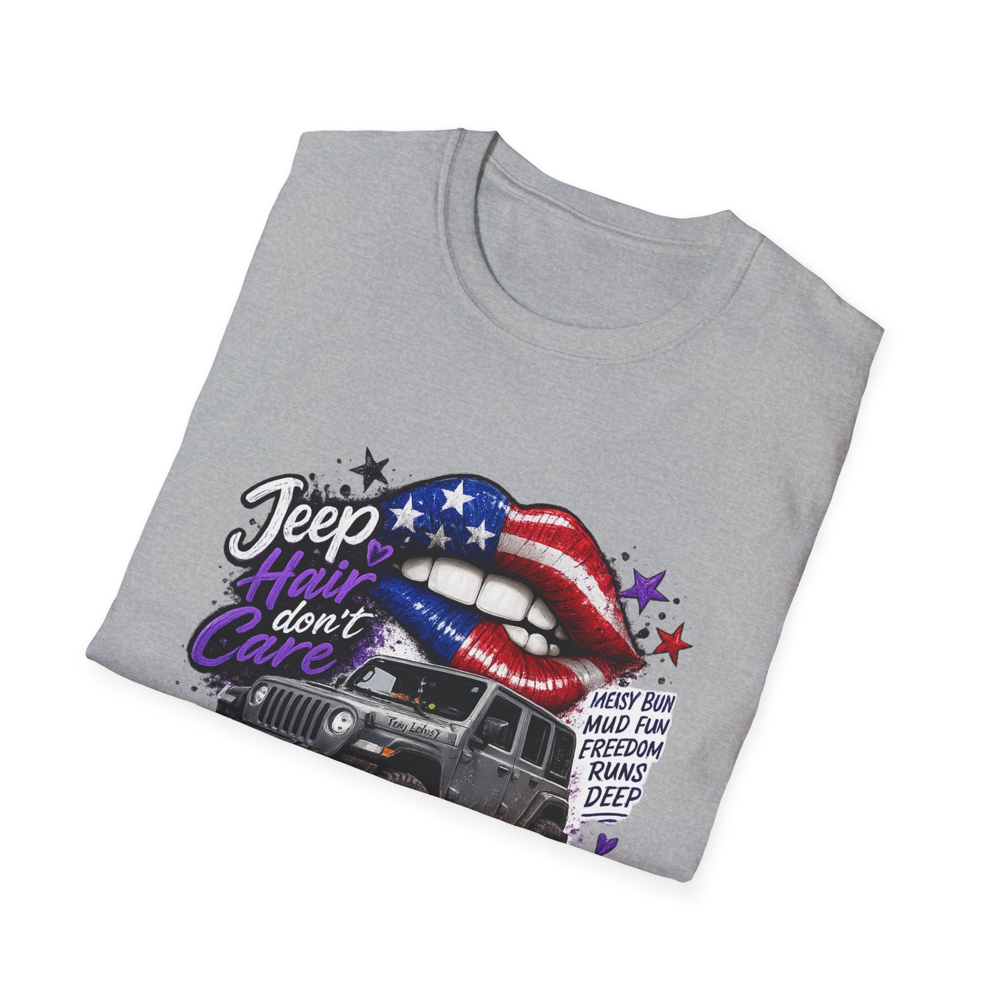 Jeep Hair Don't Care T-Shirt — American Flag Lips Off-Road Truck Tee