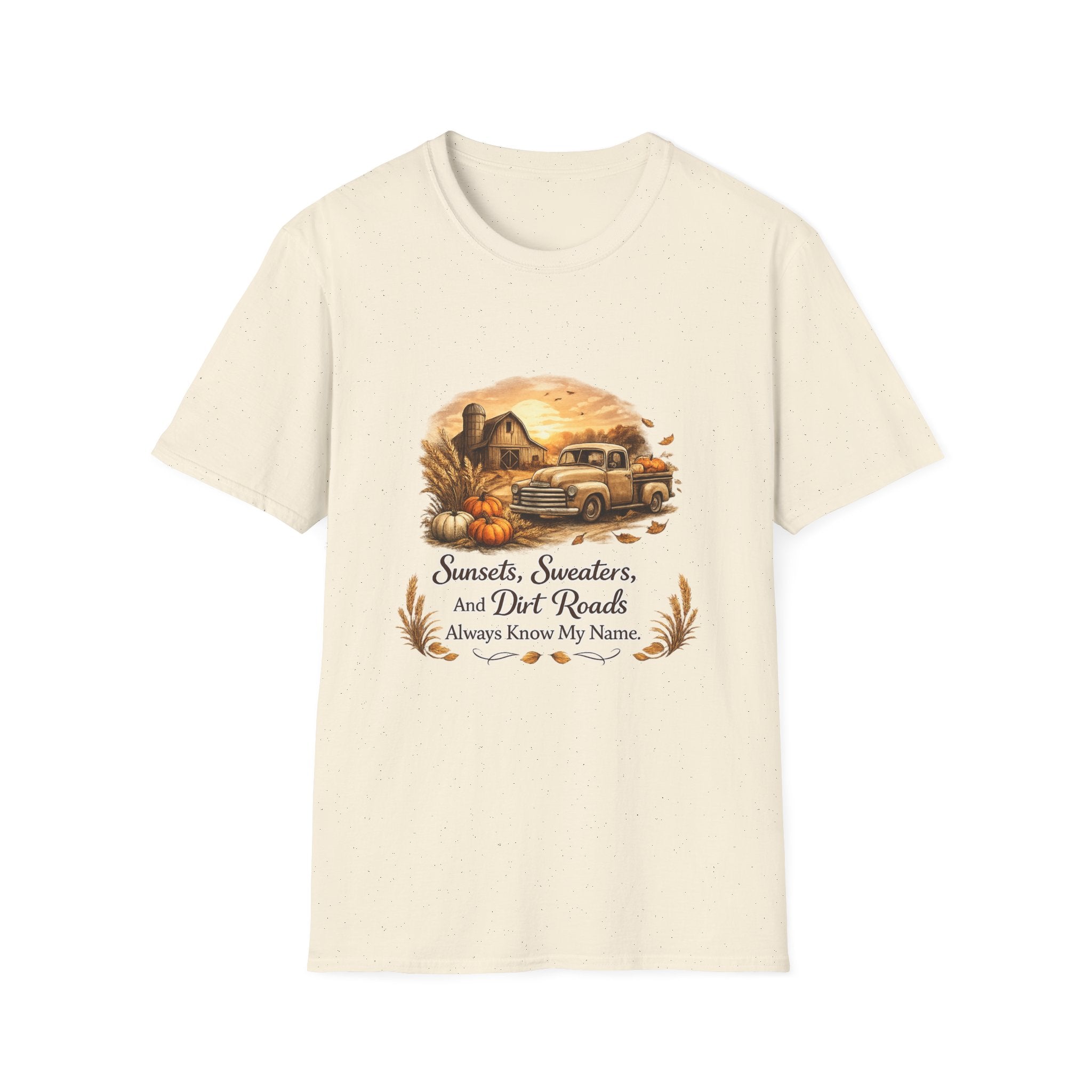 'Sunsets, Sweaters, and Dirt Roads' Vintage Autumn Tee — Fall Farm Truck T‑Shirt