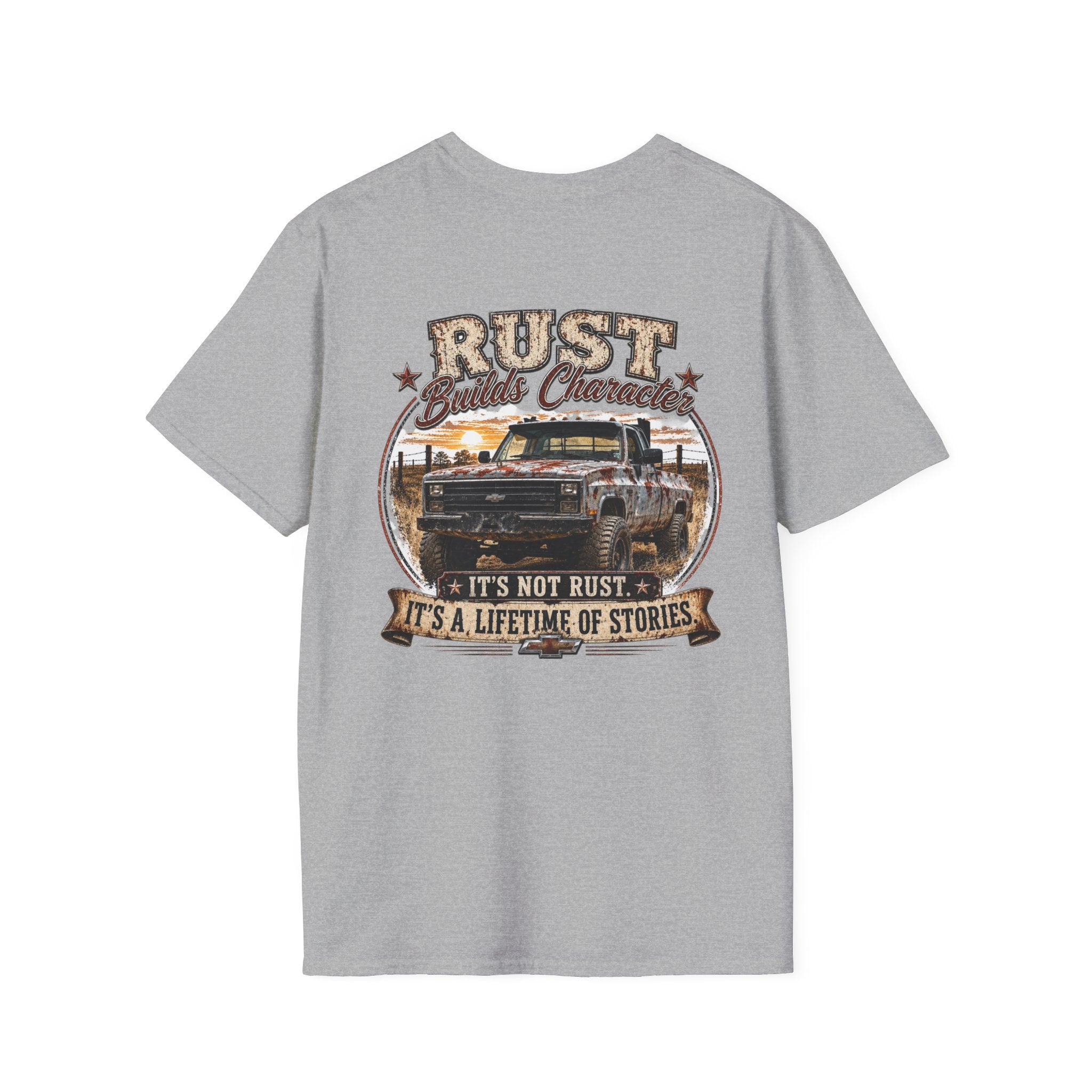 Rust Builds Character - Chevrolet K30 Vintage Truck Pocket T‑Shirt