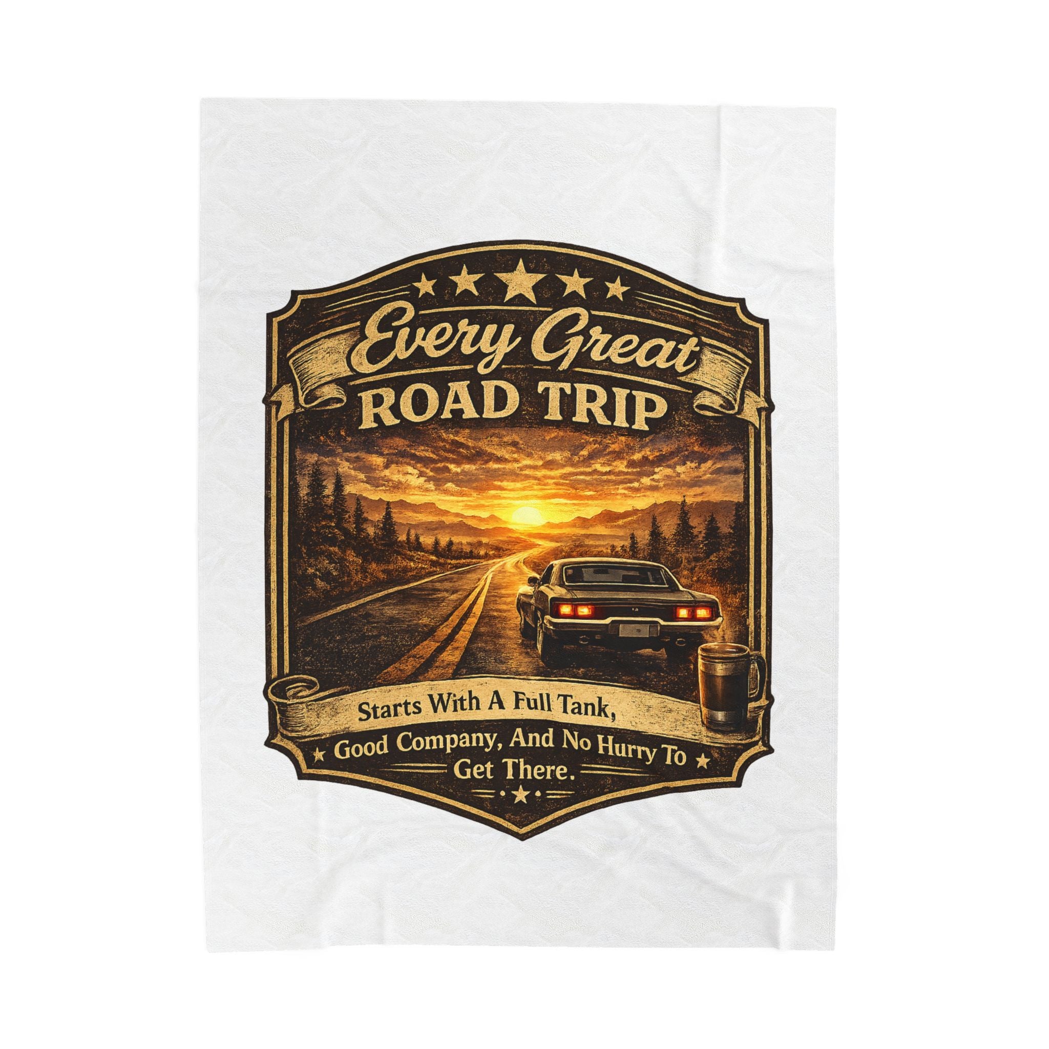 “Every Great Road Trip” Vintage Sunset Car Travel Throw — Velveteen Plush Blanket
