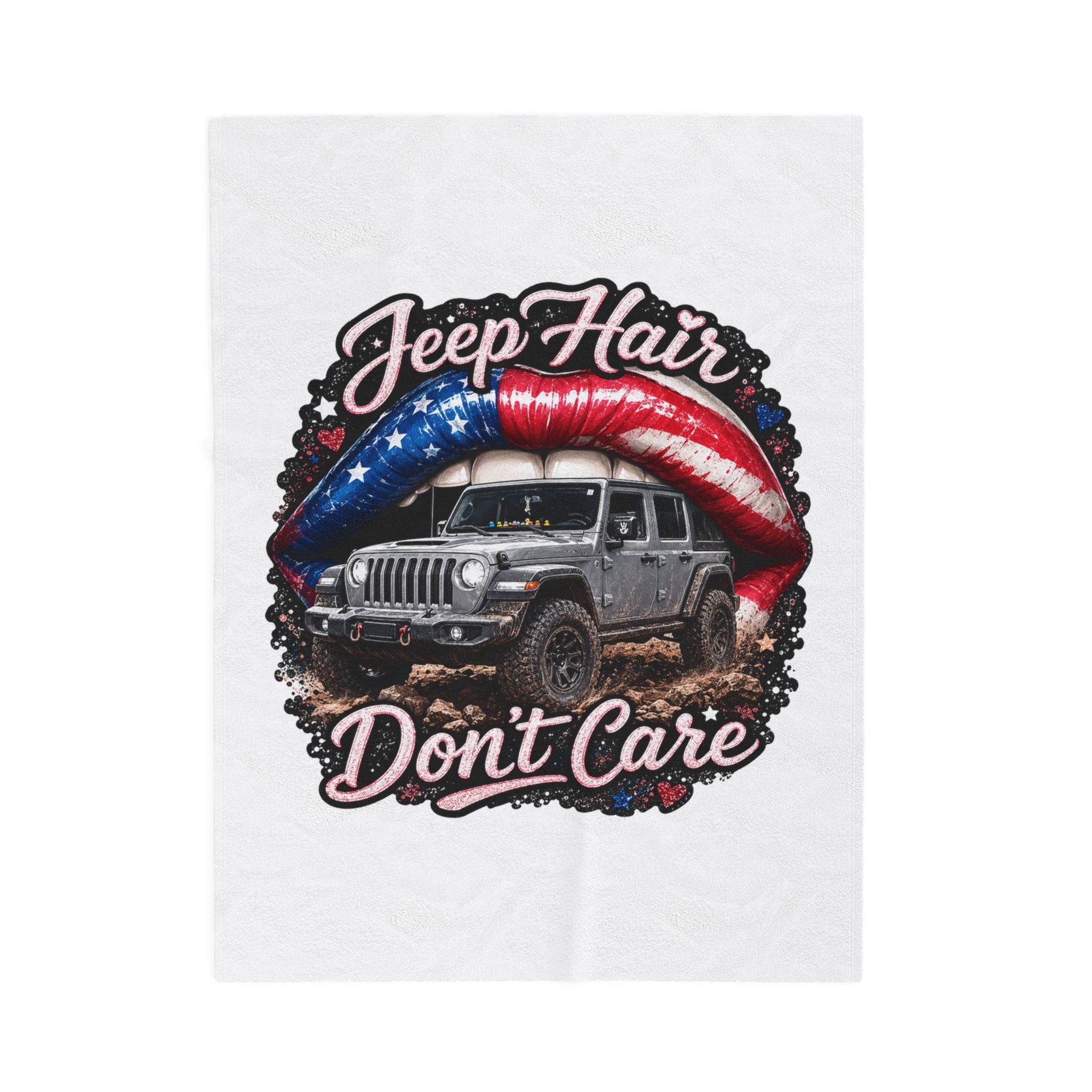 "Jeep Hair Don't Care" American Flag Lips Off‑Road Jeep Throw – Velveteen Plush Blanket
