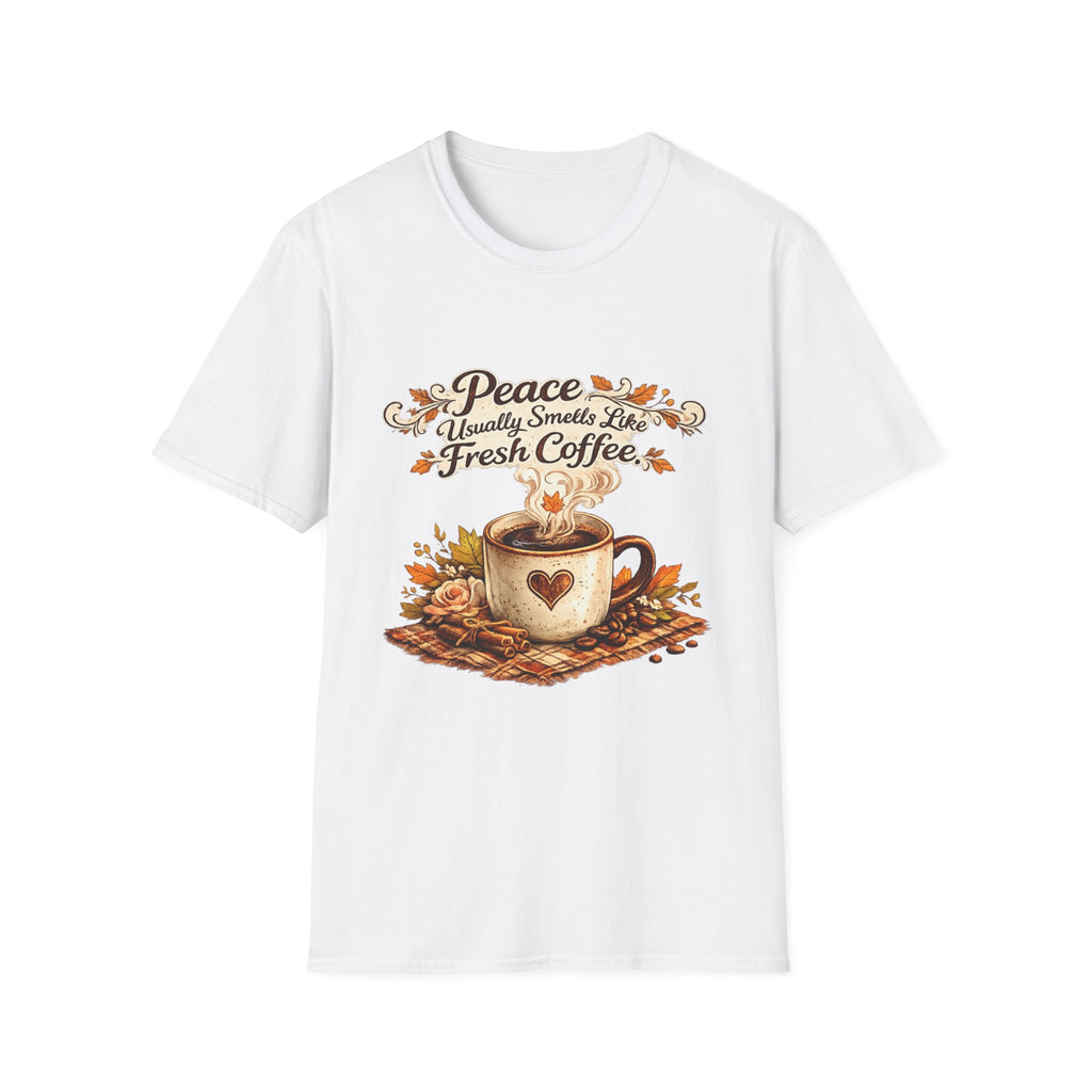 "Peace Usually Smells Like Fresh Coffee" Cozy Graphic Tee — Coffee T-Shirt