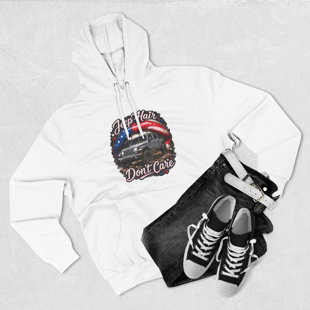 "Jeep Hair Don't Care" Graphic Fleece Pullover - Patriotic Jeep Hoodie