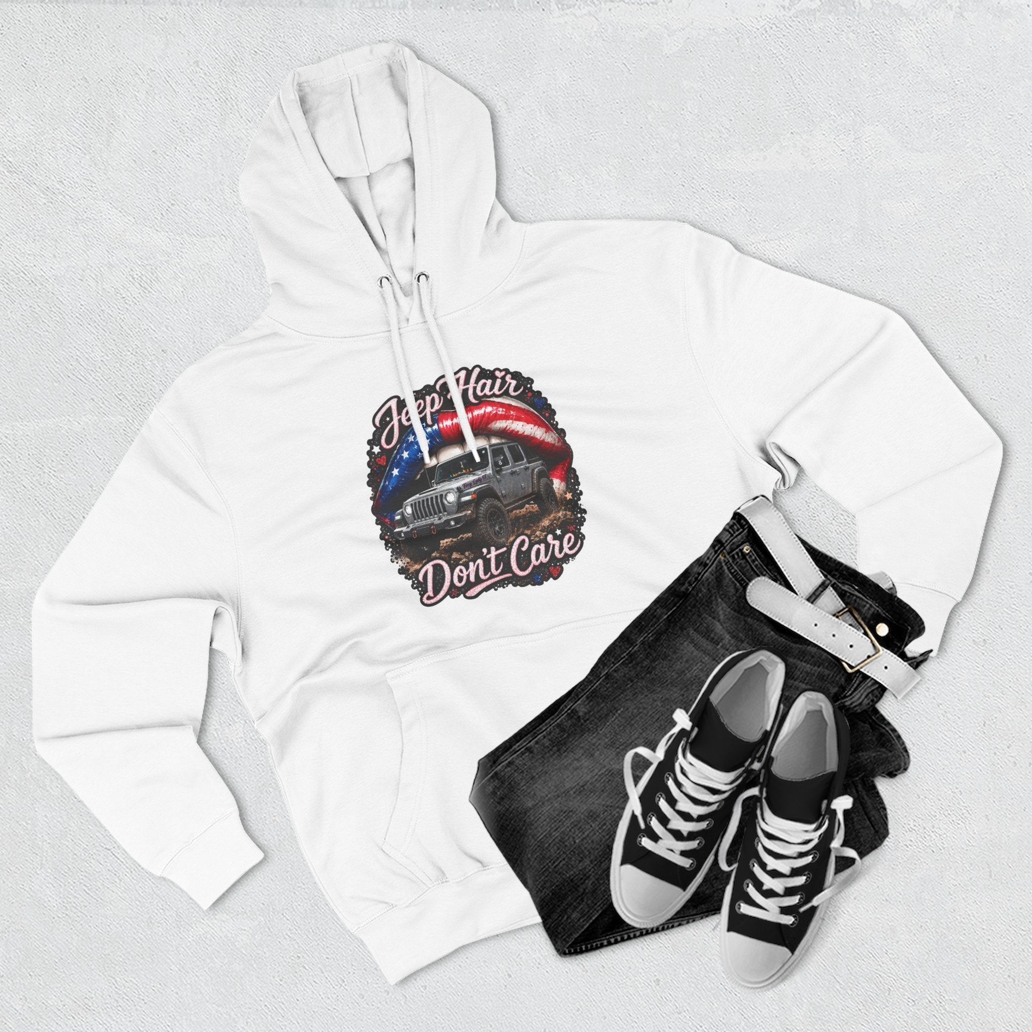 "Jeep Hair Don't Care" Graphic Fleece Pullover - Patriotic Jeep Hoodie