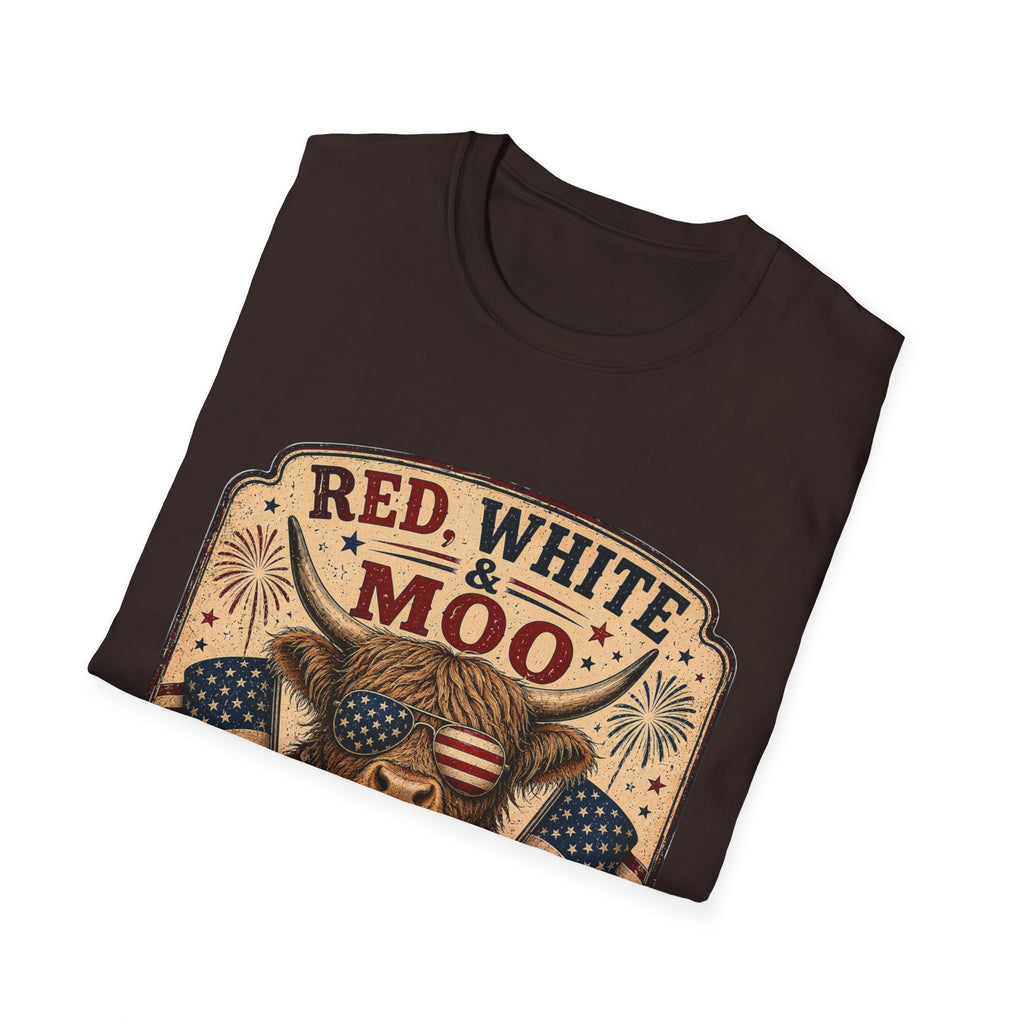Red, White, & Moo Highland Cow Unisex Softstyle T-Shirt