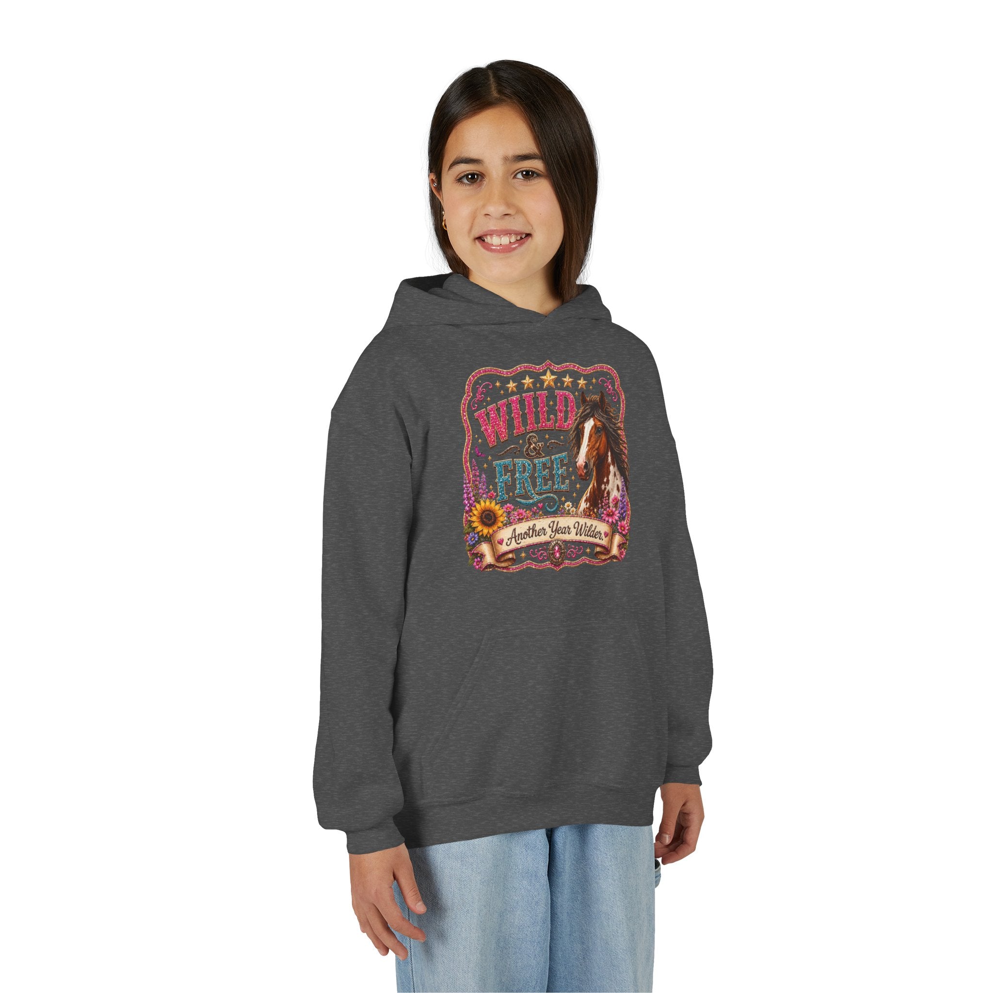 Youth Hoodie — "Wild & Free" Horse Graphic Pullover