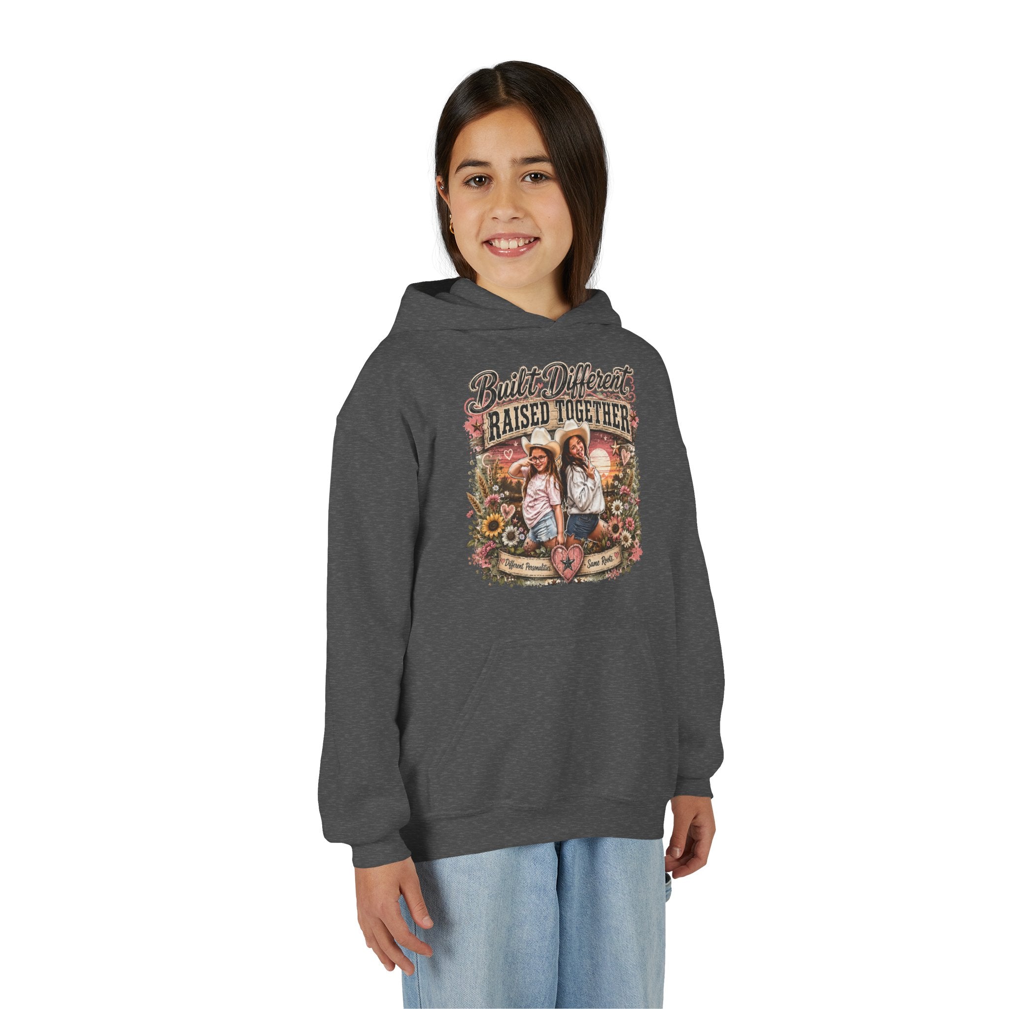 Youth Hoodie — “Built Different, Raised Together” Vintage Farm Kids Pullover