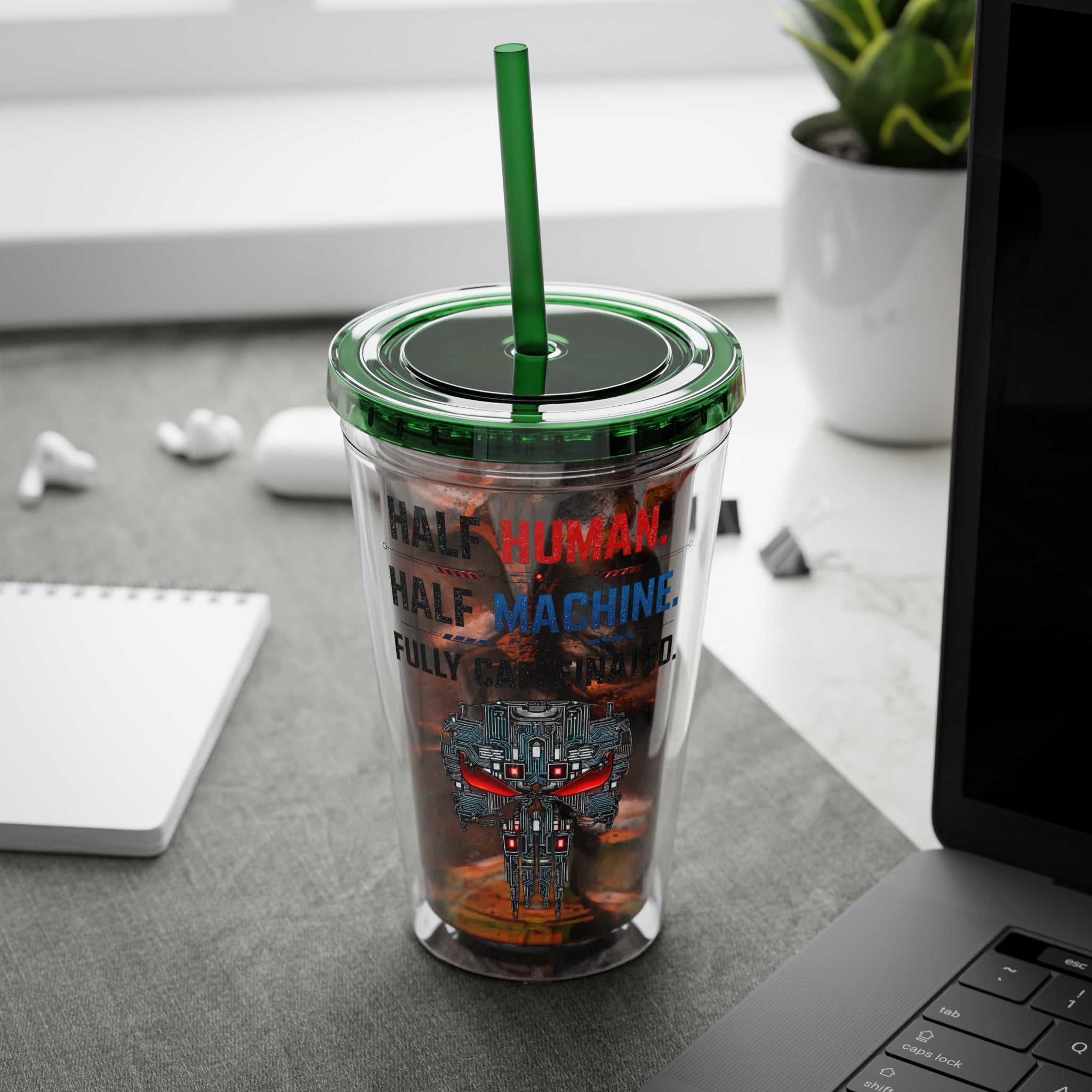 Half Human. Half Machine. Fully Caffeinated Sunsplash Tumbler with Straw, 16oz