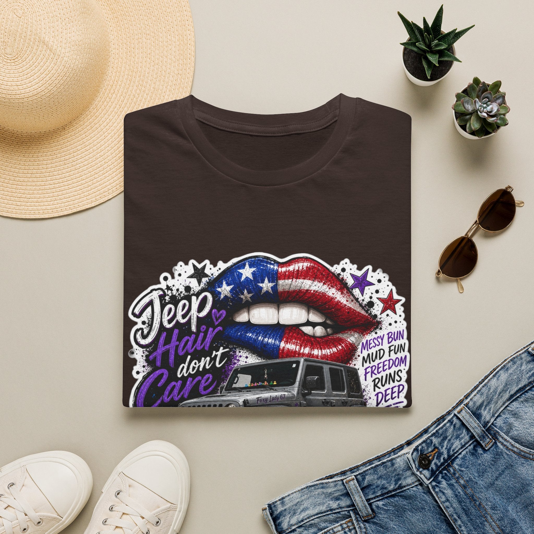 Jeep Hair Don't Care T-Shirt — American Flag Lips Off-Road Truck Tee