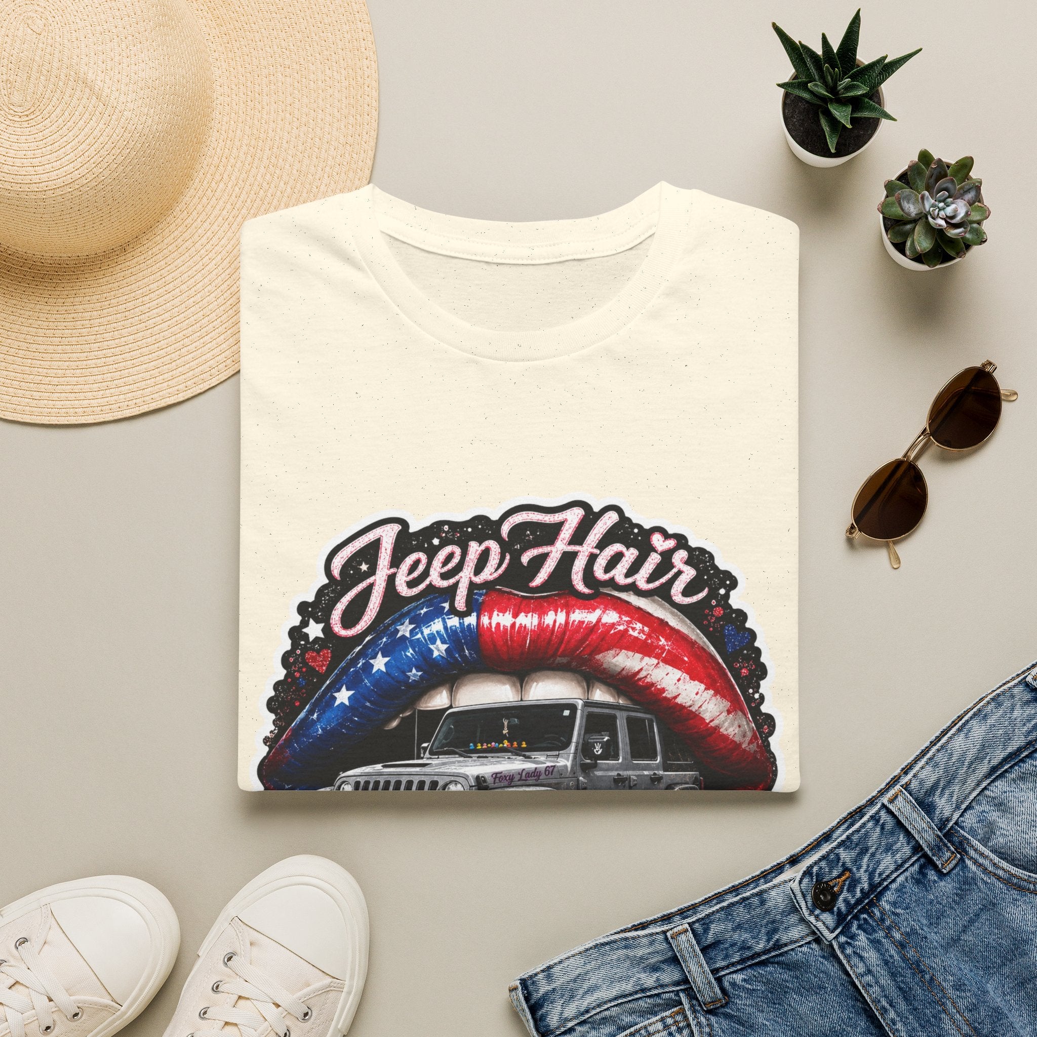 Jeep Hair Don't Care T-Shirt — American Flag Lips Off‑Road Graphic Tee
