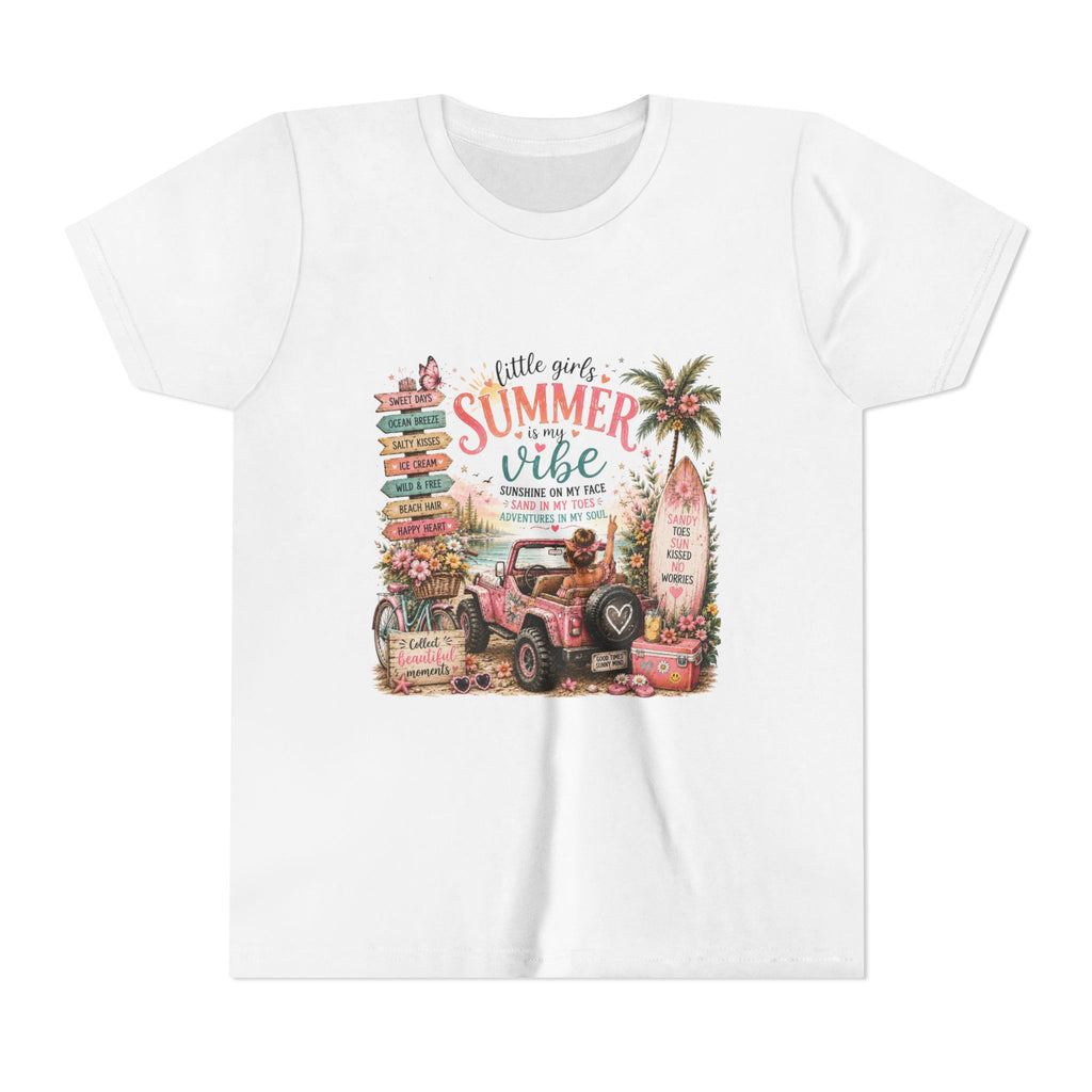 "Little Girls Summer Vibe" Tropical Jeep Surfboard Beach Graphic - Youth Tee