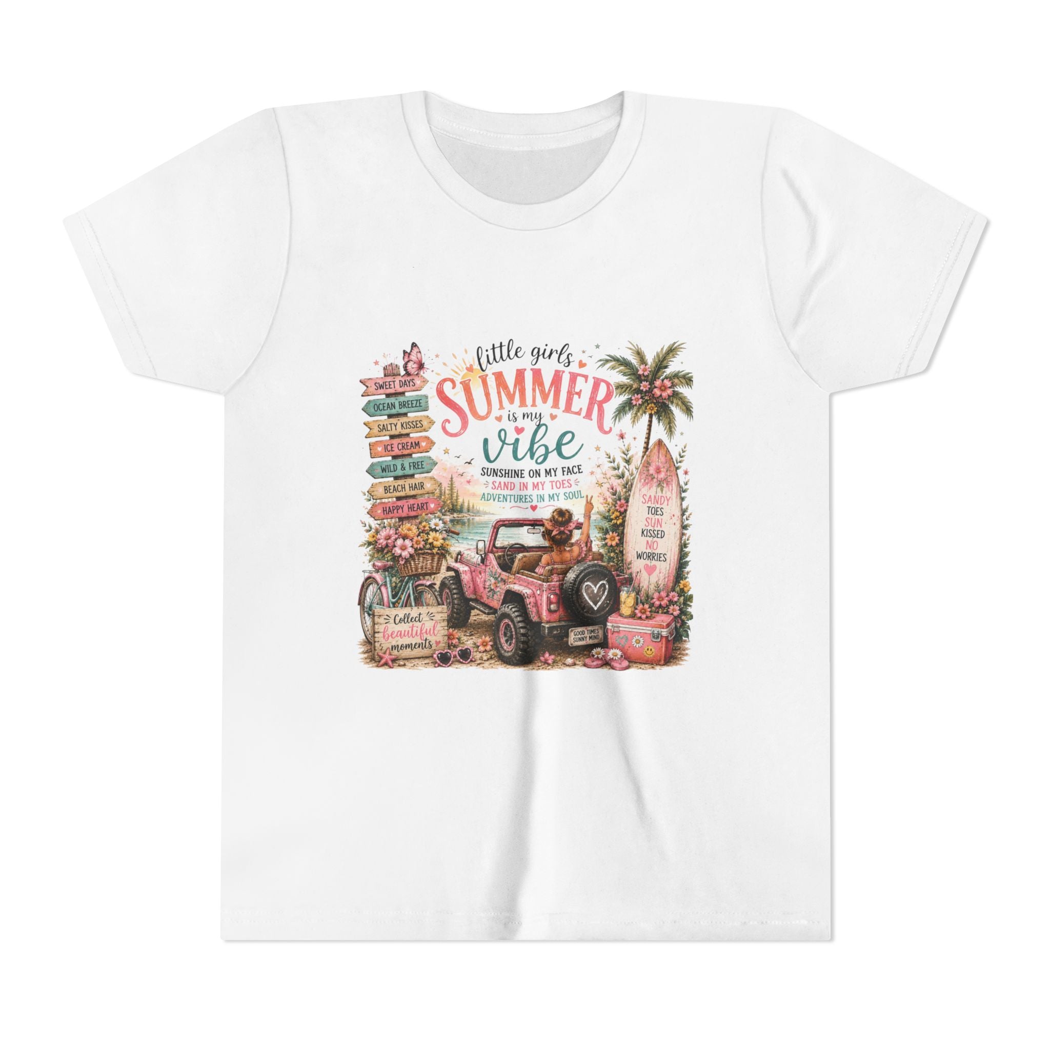 "Little Girls Summer Vibe" Tropical Jeep Surfboard Beach Graphic - Youth Tee