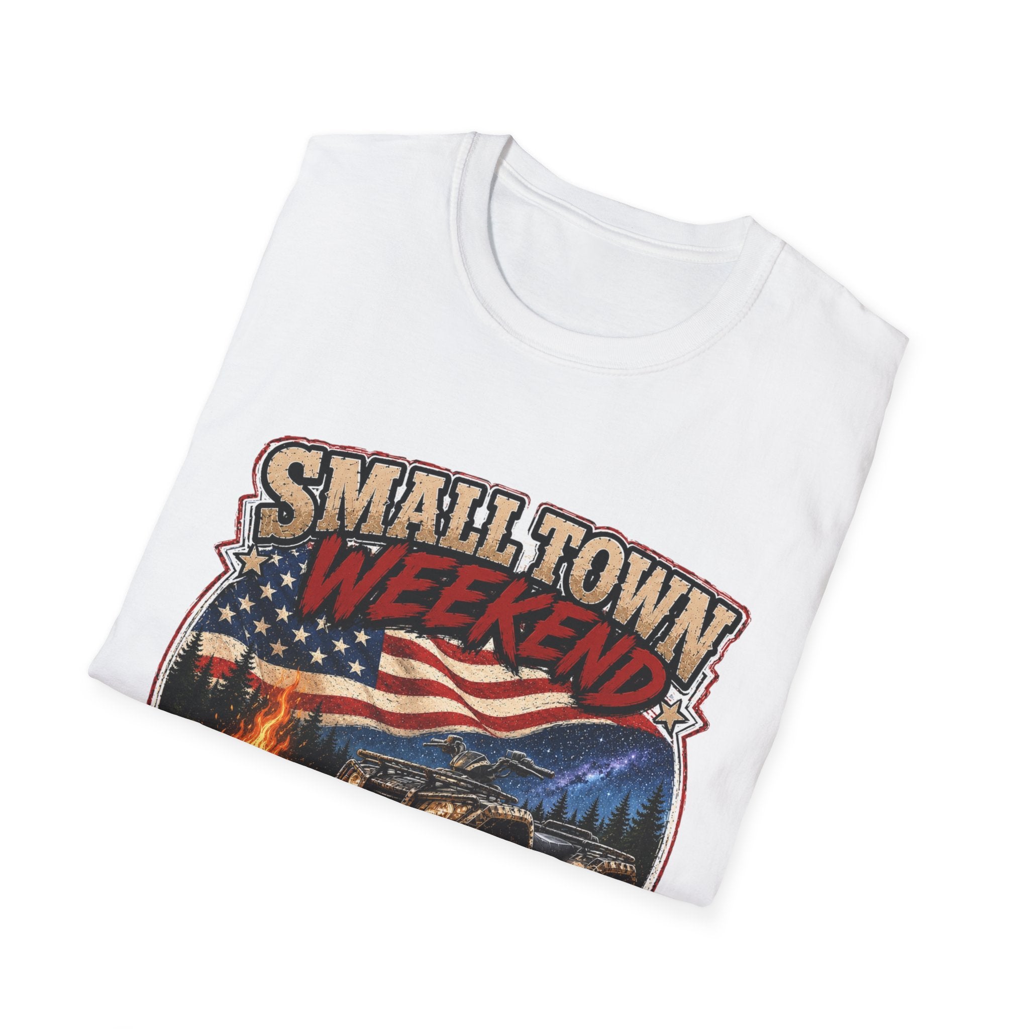 Small Town Weekend T-Shirt — Americana Flag, Bonfire & ATV Retro Graphic