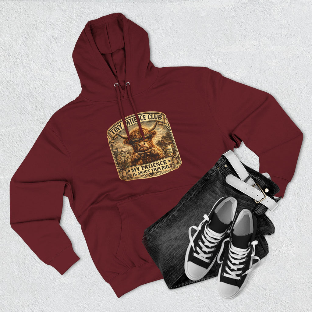 Tiny Patience Club Highland Cow Three-Panel Fleece Hoodie
