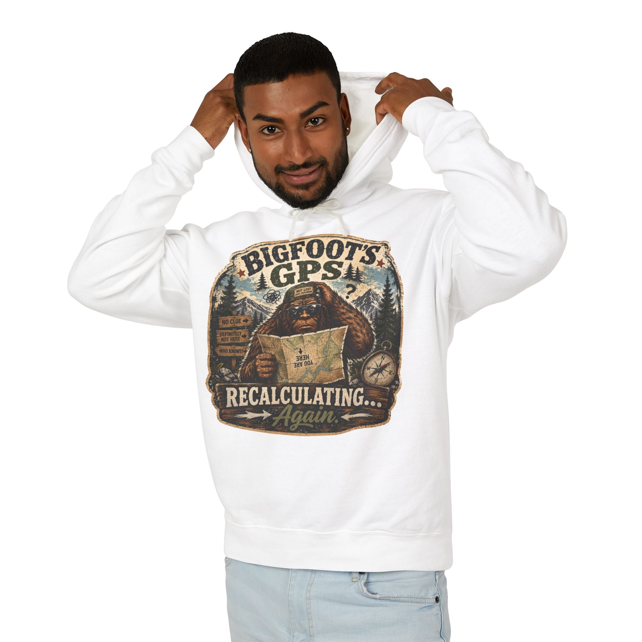 Bigfoot's GPS Relocating Again Hooded Sweatshirt