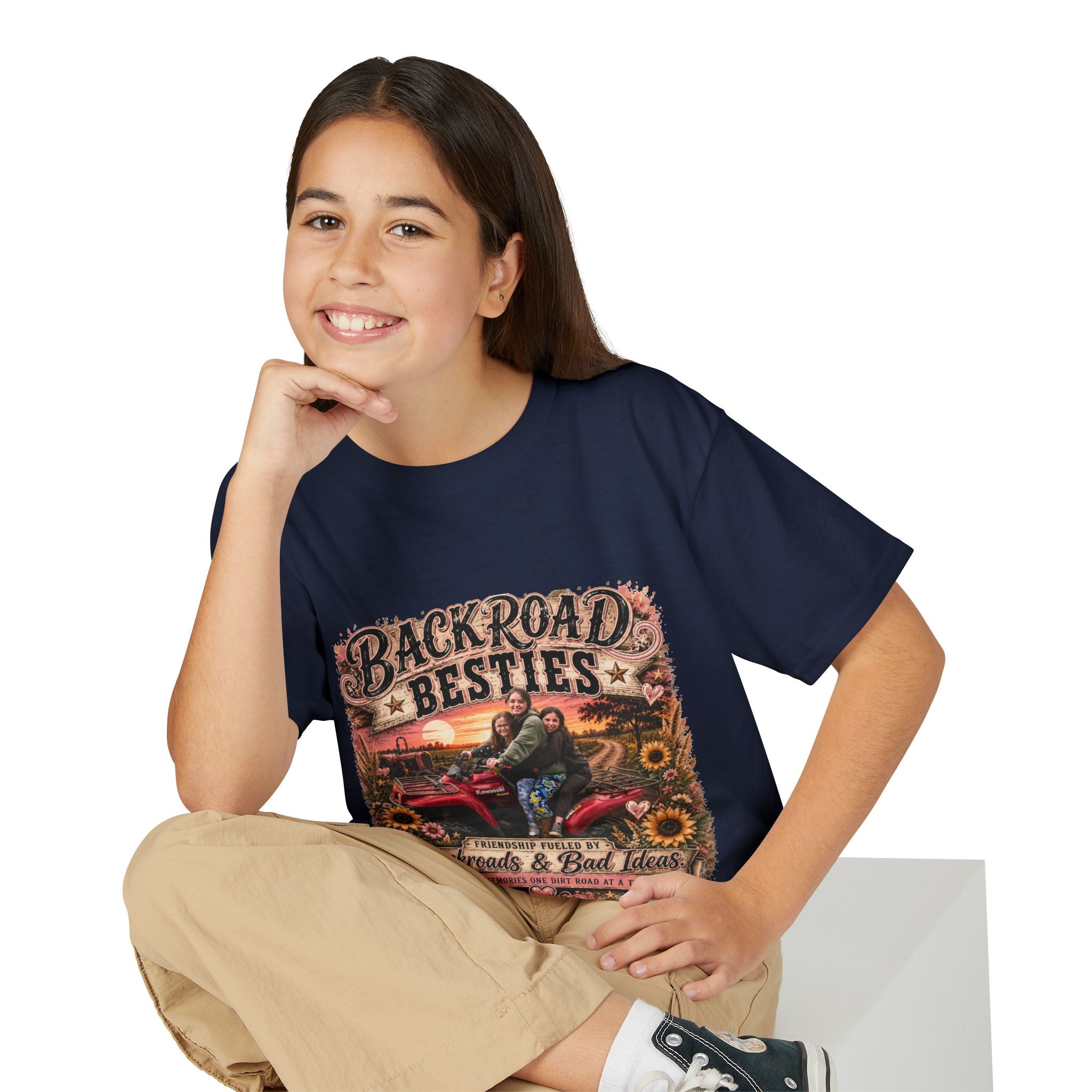 Backroad Besties Youth T‑Shirt — Vintage Tractor Sunset Kids Tee