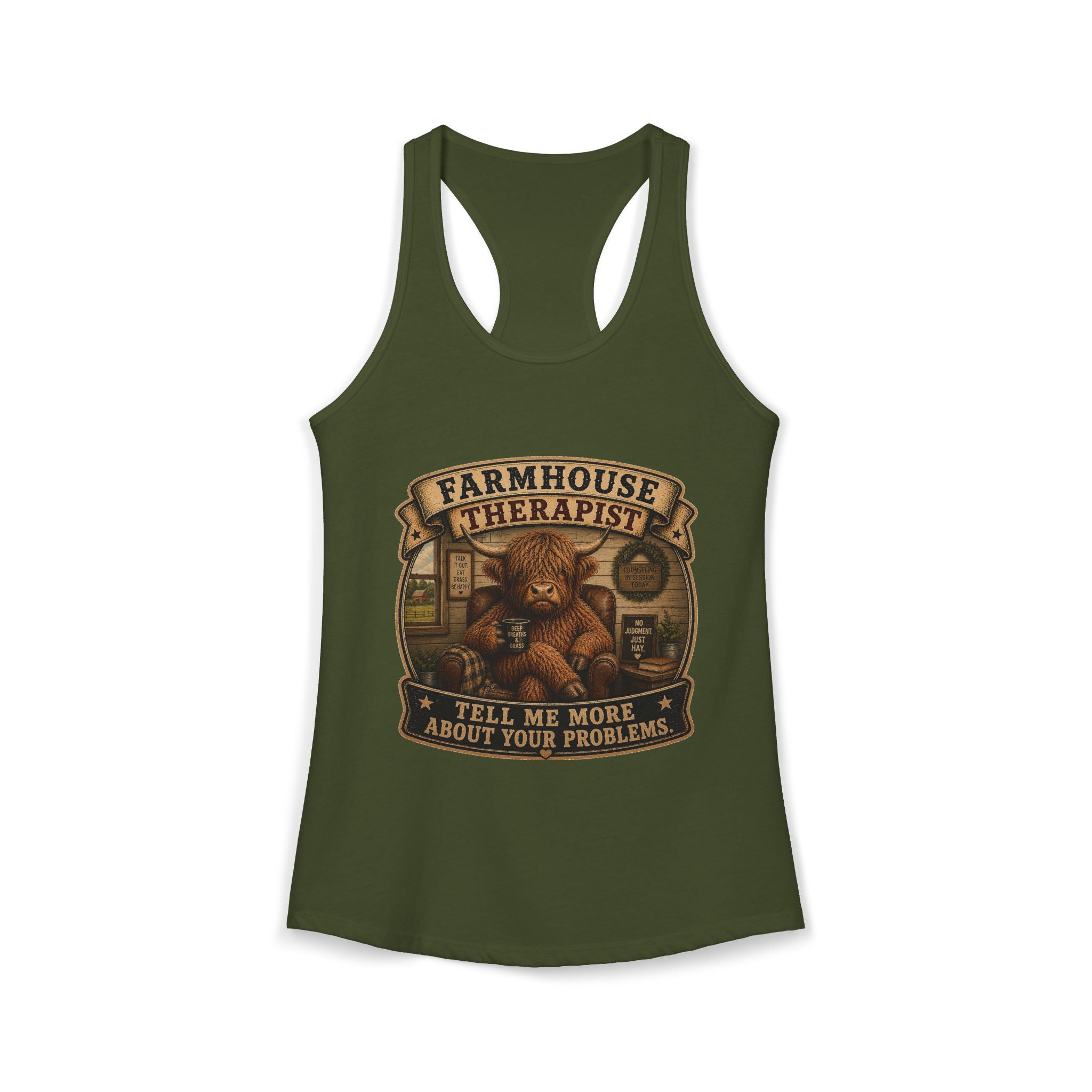 Farmhouse Therapist Highland Cow Women's Ideal Racerback Tank