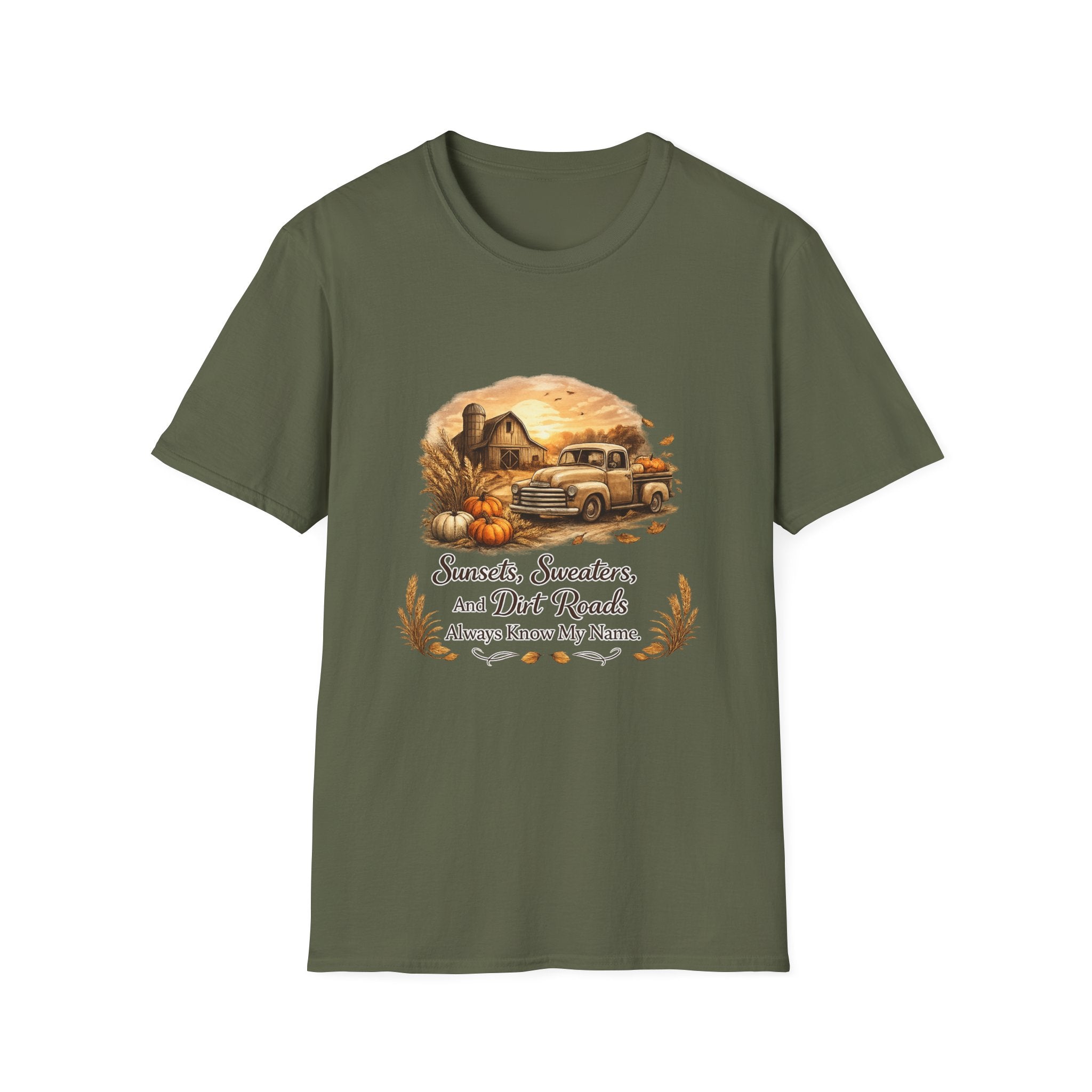 'Sunsets, Sweaters, and Dirt Roads' Vintage Autumn Tee — Fall Farm Truck T‑Shirt
