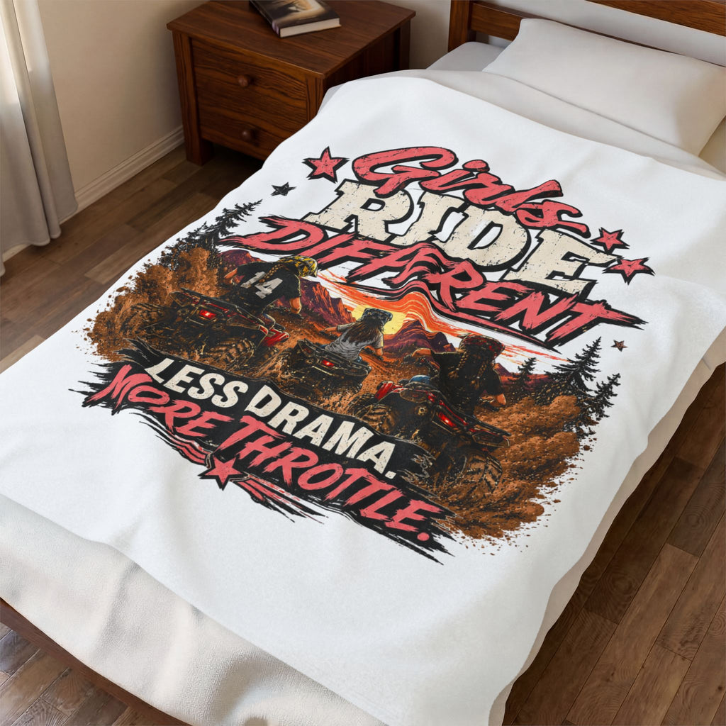 "Girls Ride Different: Less Drama, More Throttle" ATV Graphic Throw — Plush Blanket