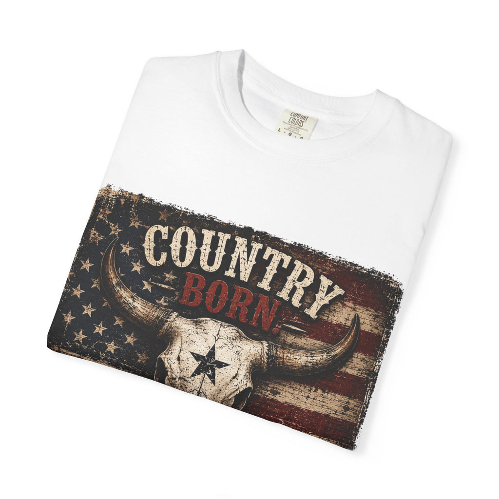 Country Born Freedom Raised T-Shirt — American Flag Steer Skull Graphic