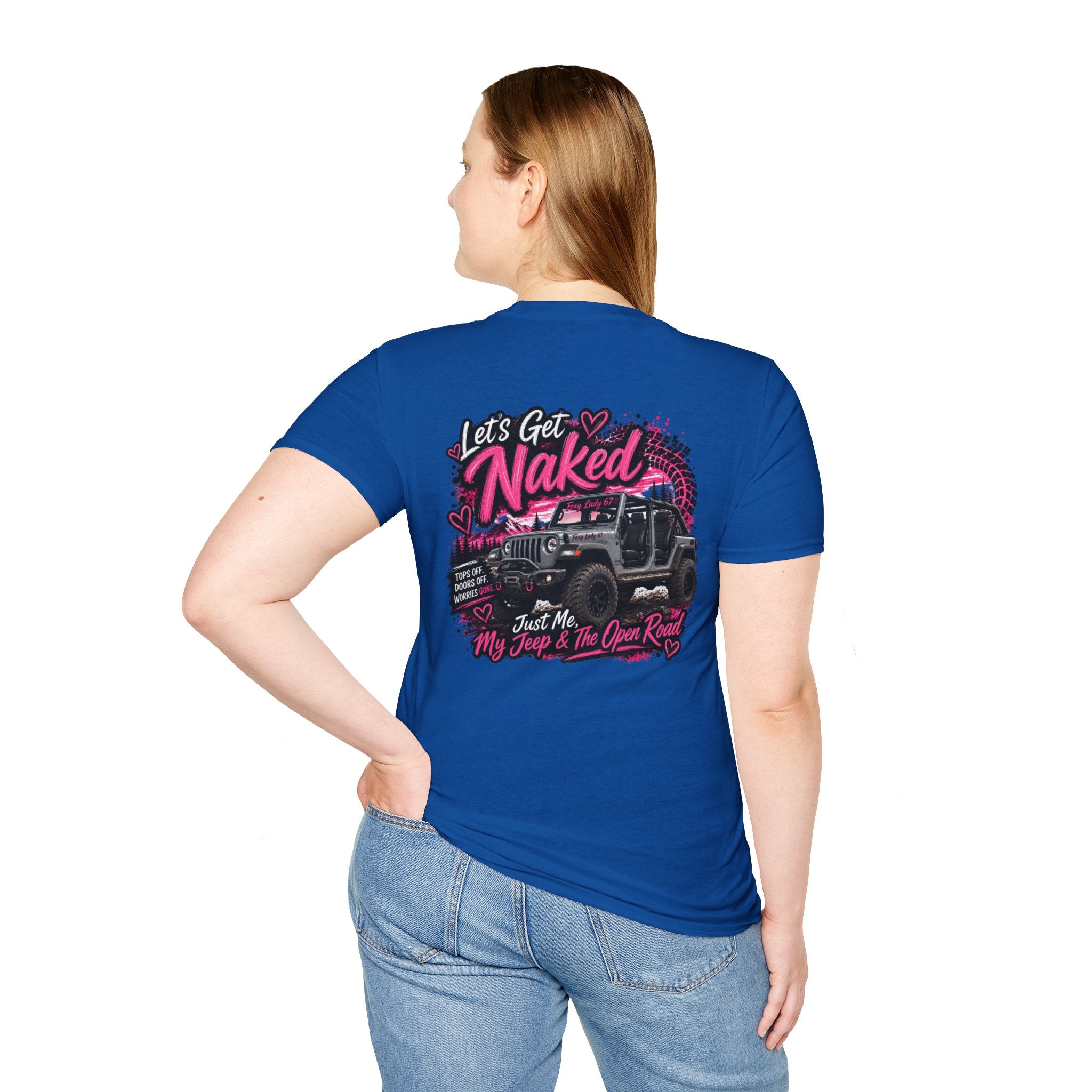 Lets Get Naked Jeep (design on front and back) Softstyle T-Shirt