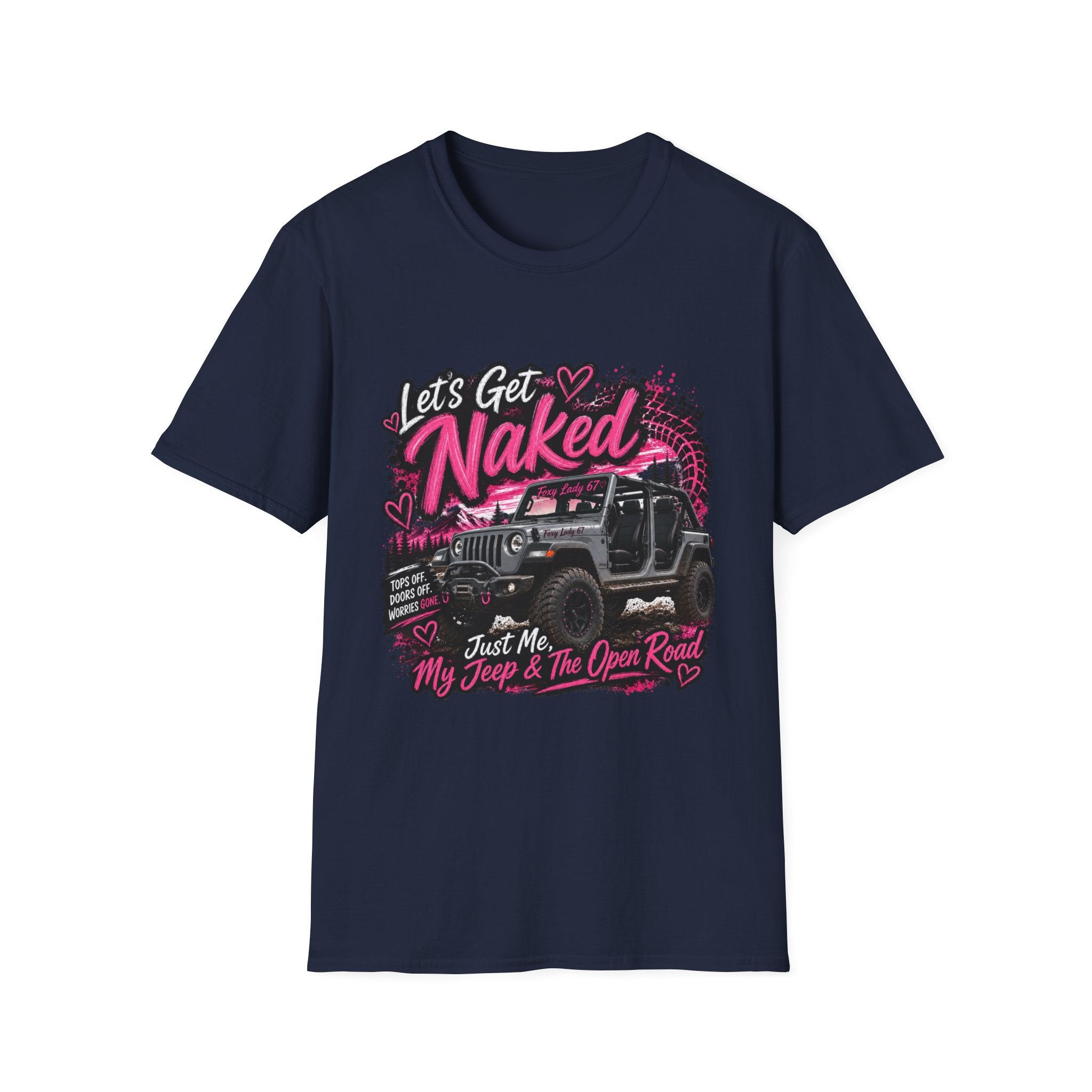 Jeep 'Let's Get Naked' Graphic T-Shirt — (Pink) Funny Off-Roading Top