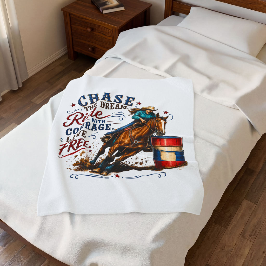 “Chase the Dream, Ride with Courage, Live Free” Barrel Racing Horse Throw — Velveteen Blanket