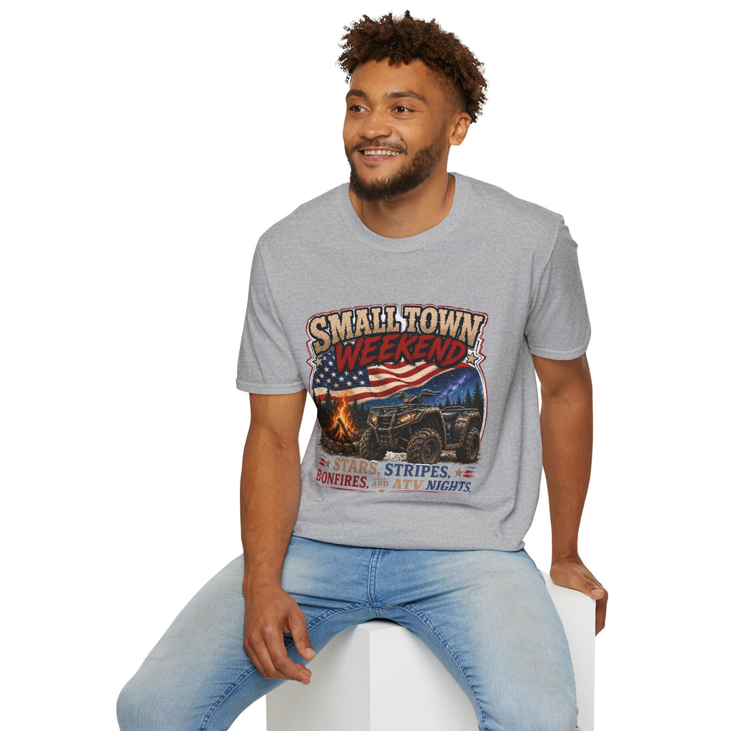 Small Town Weekend T-Shirt — Americana Flag, Bonfire & ATV Retro Graphic