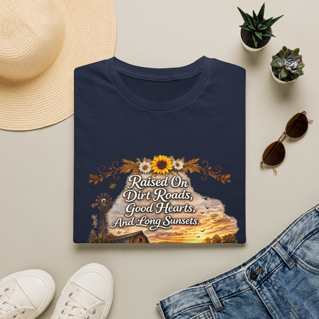 "Raised On Dirt Roads, Good Hearts, And Long Sunsets" Rustic Country Tee — T-Shirt