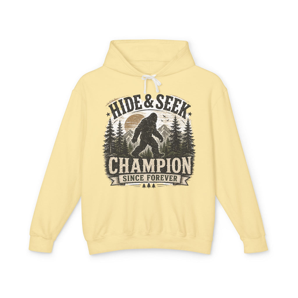 Hide & Seek Champion Hoodie — Bigfoot Sasquatch Graphic Hooded Sweatshirt