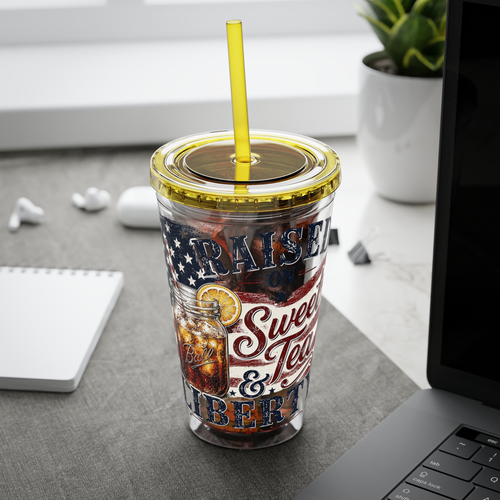 Raised On Sweet Tea & Liberty Sunsplash Tumbler with Straw, 16oz