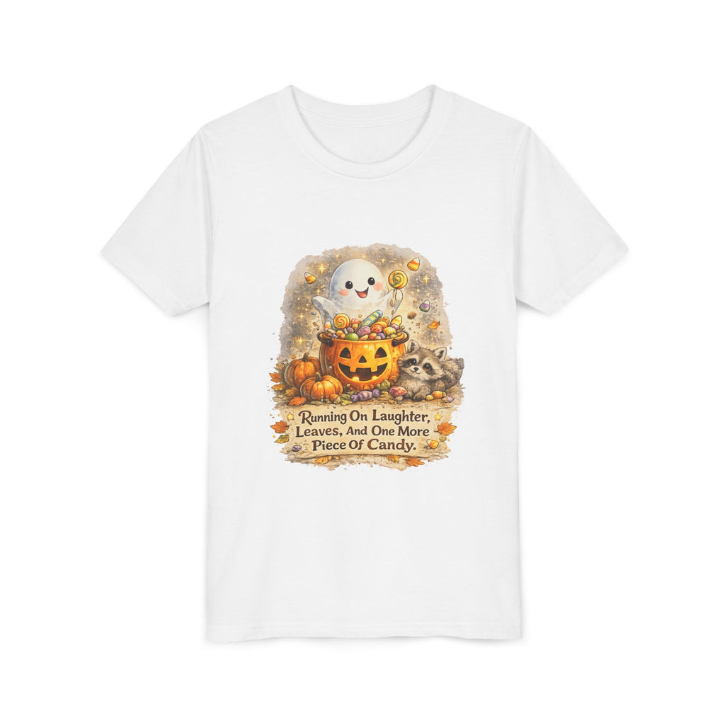Cute Ghost, Pumpkin Candy & 'Running On Laughter, Leaves, And One More Piece Of Candy' — Youth Halloween Tee