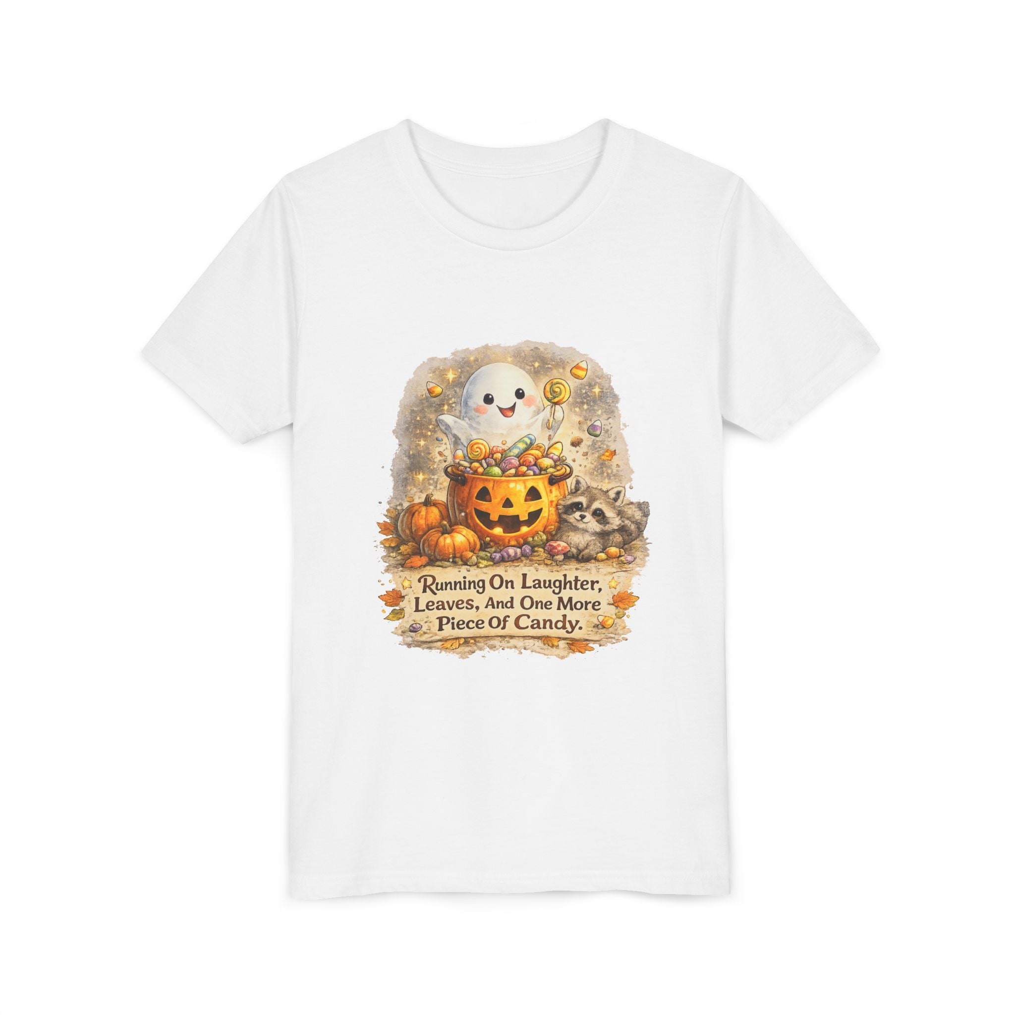 Cute Ghost, Pumpkin Candy & 'Running On Laughter, Leaves, And One More Piece Of Candy' — Youth Halloween Tee